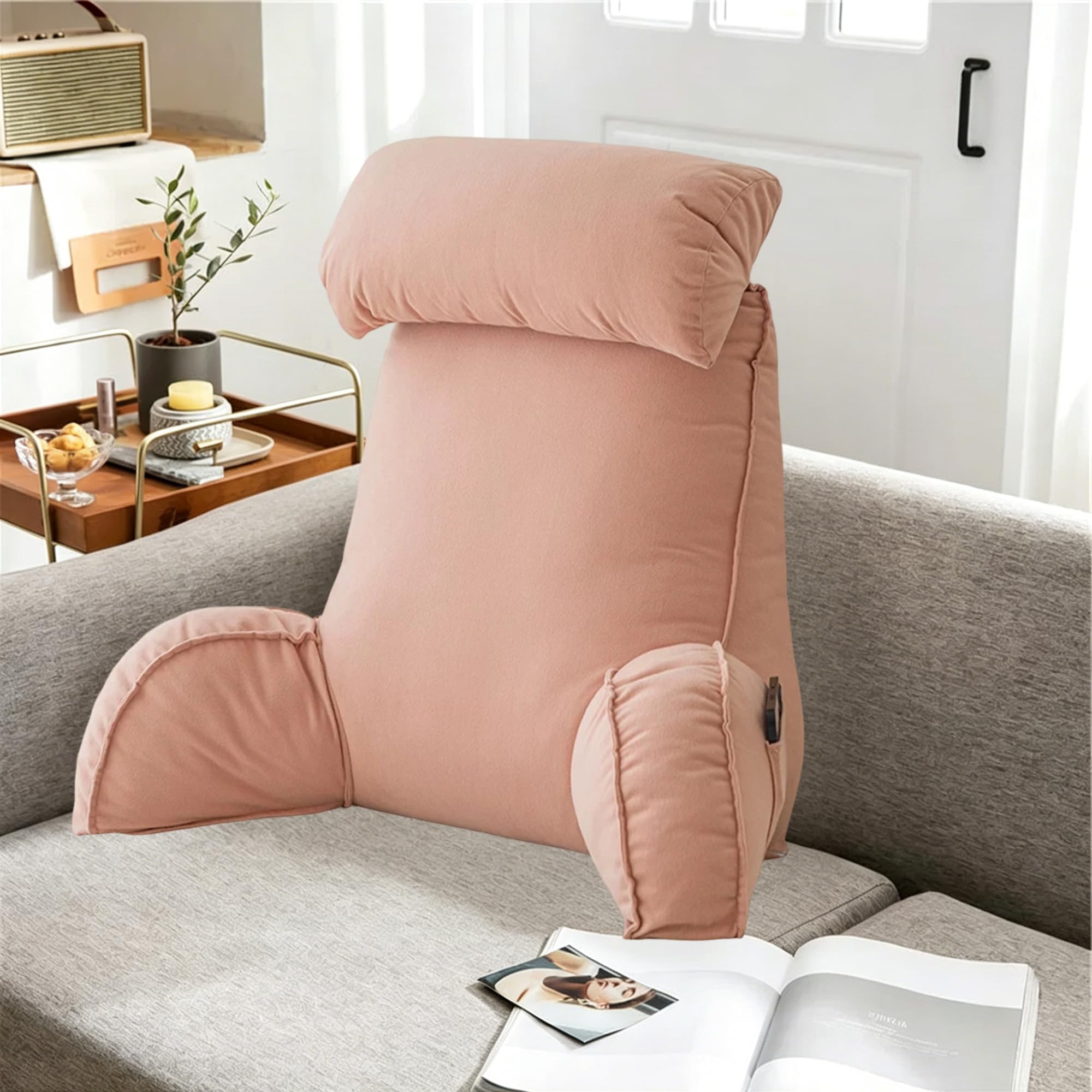 Hruile Pink Large Backrest Pillow For Bed, Reading Pillow For Sitting In Couch Adult, Back Lumbar Support Cushion, Cuddle Cushion With Detachable Neck Roll & Support Arm (75×40×55Cm,)