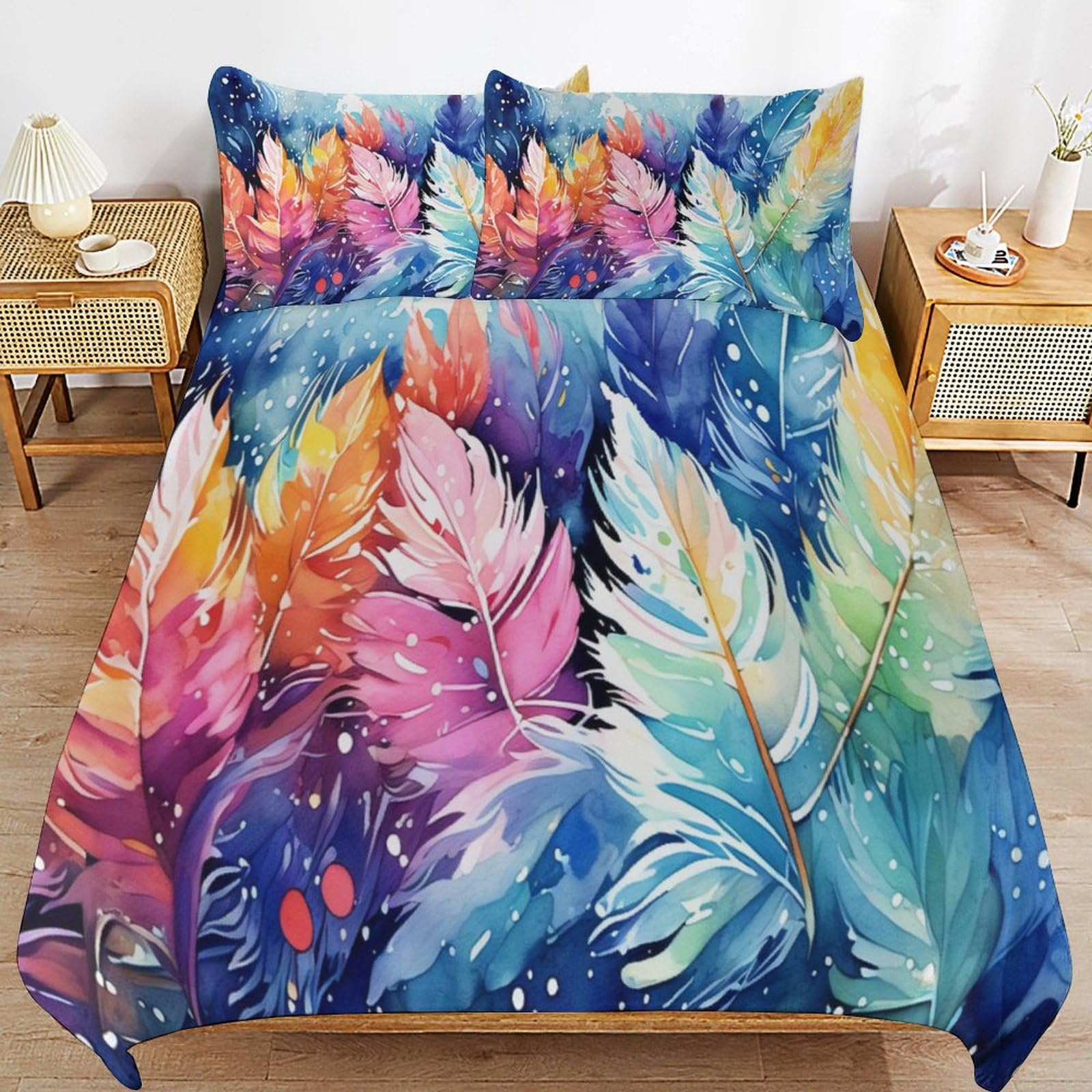Parure de lit bohémien chic en microfibre 155x220 cm avec deux taies d'oreiller fleurs botaniques