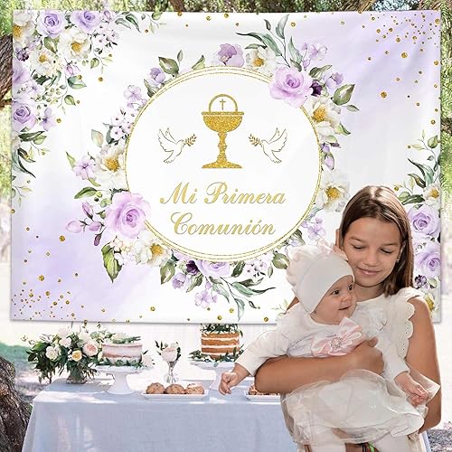 Miniatura 8 de MEHOFOND Telón de fondo de bautismo mexicano Mi Primera Comunión Bautizo Oro Purpurina Floral Dios bendiga Banner Primera Comunión Fondo Fotografía