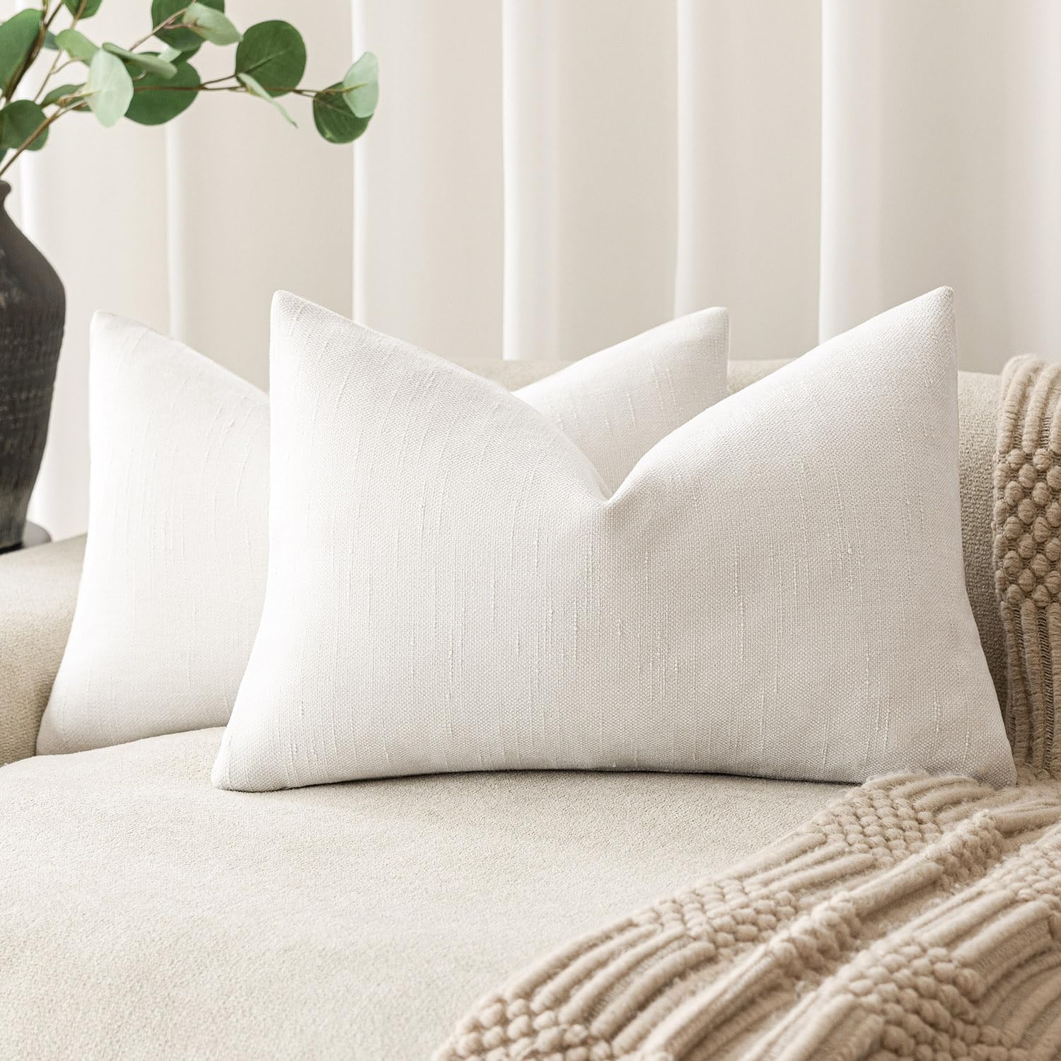 Foindtower Pack of 2 Soft Textured Throw Decorative Pillow Covers Lumbar Accent Solid Cushion Cover Cozy Neutral Farmhouse Pillow Case for Couch Sofa