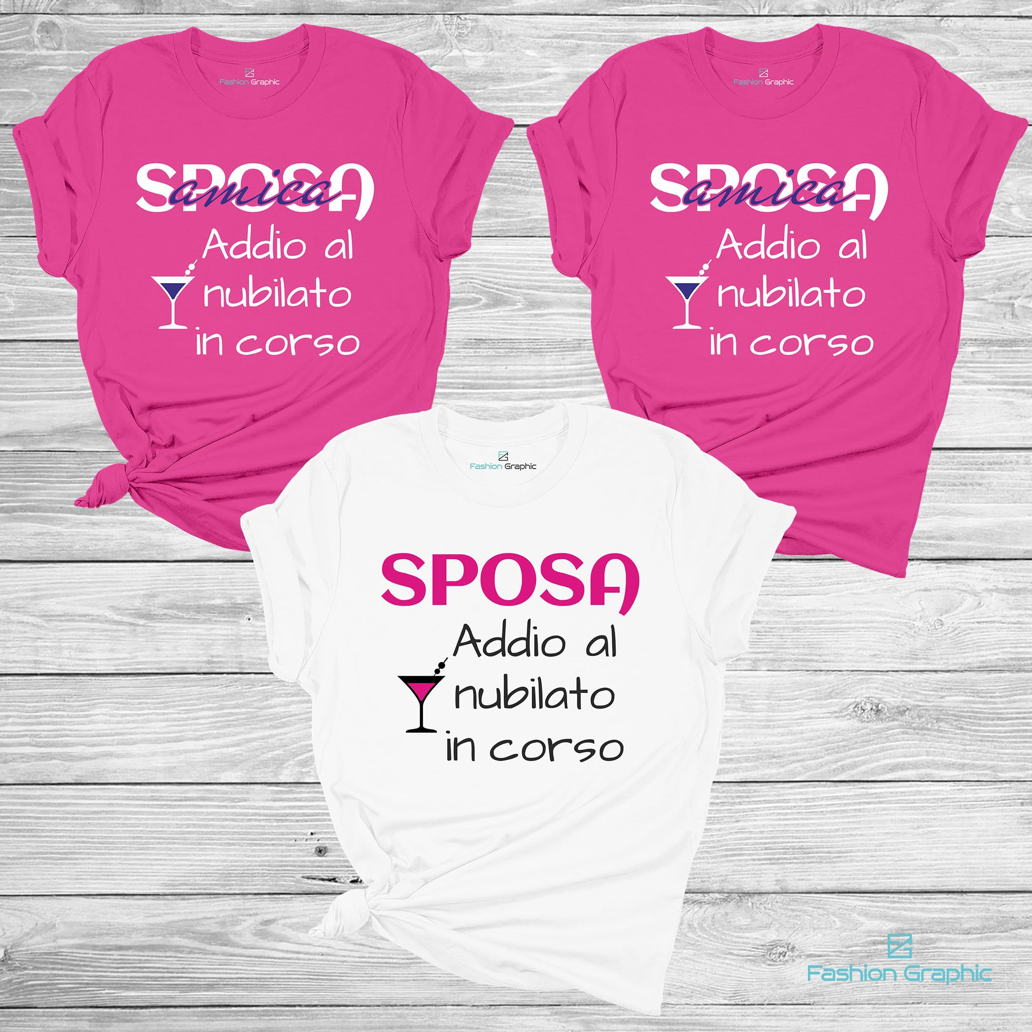 Fashion Graphic Set Magliette t-Shirt Donna Team Bride Sposa per Festa Addio al Nubilato, Amiche Sposa Tshirt Donna Cotone Addio al Nubilato Gadget (Bianco/Fucsia)