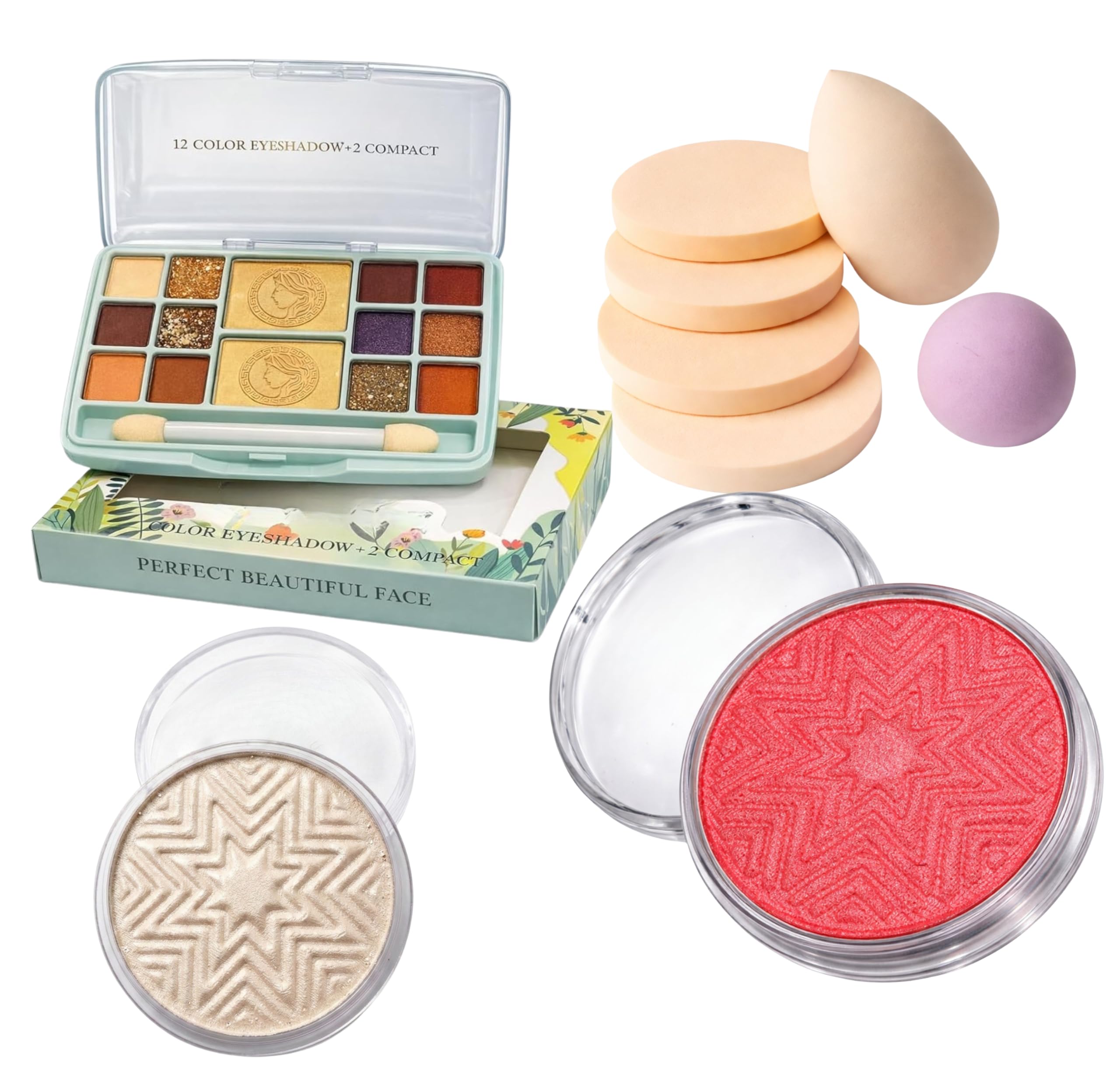 4-in-1 Face Blush, Eyeshadow Palette & Makeup Sponge Combo Kit for Women | Includes 12 Colors Eye Shadow & 2 Compact Palette Box, Star Shimmer Gold Highlighter & 6 Pcs Blending Puffs Set-image-39