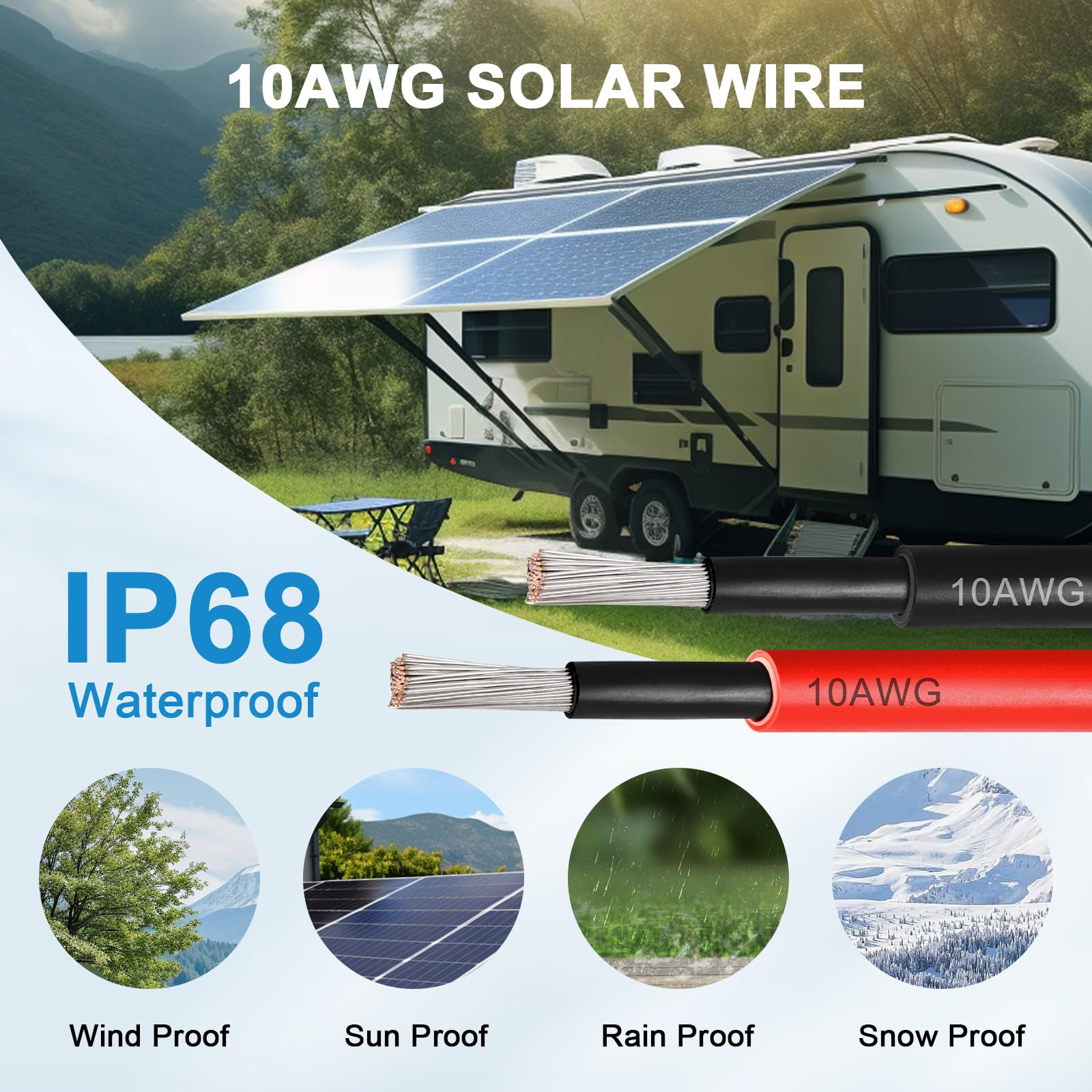 Cable de extensión solar de 10 AWG (6 mm²) – Cable de extensión solar de 200 pies negro y 200 pies rojo calibre 10 alambre fotovoltaico de cobre estañado para exteriores, automóvil, caravana, panel