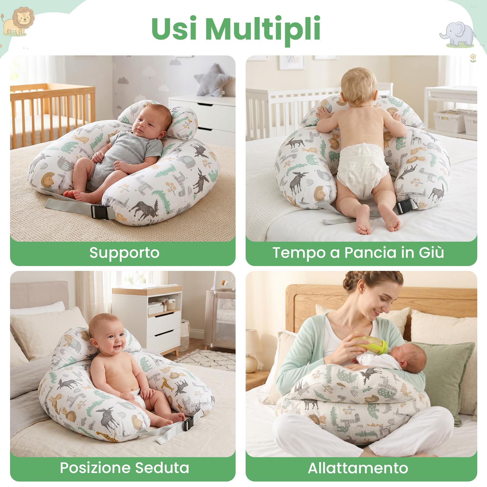 SHANNA Cuscino Allattamento - Multifunzionale Cuscino per Allattamento Forma Ergonomica, Rivestimento in 100% Cotone, Fodera Removibile, Cuscino Maternità per Allattamento Lavabile (Animali)