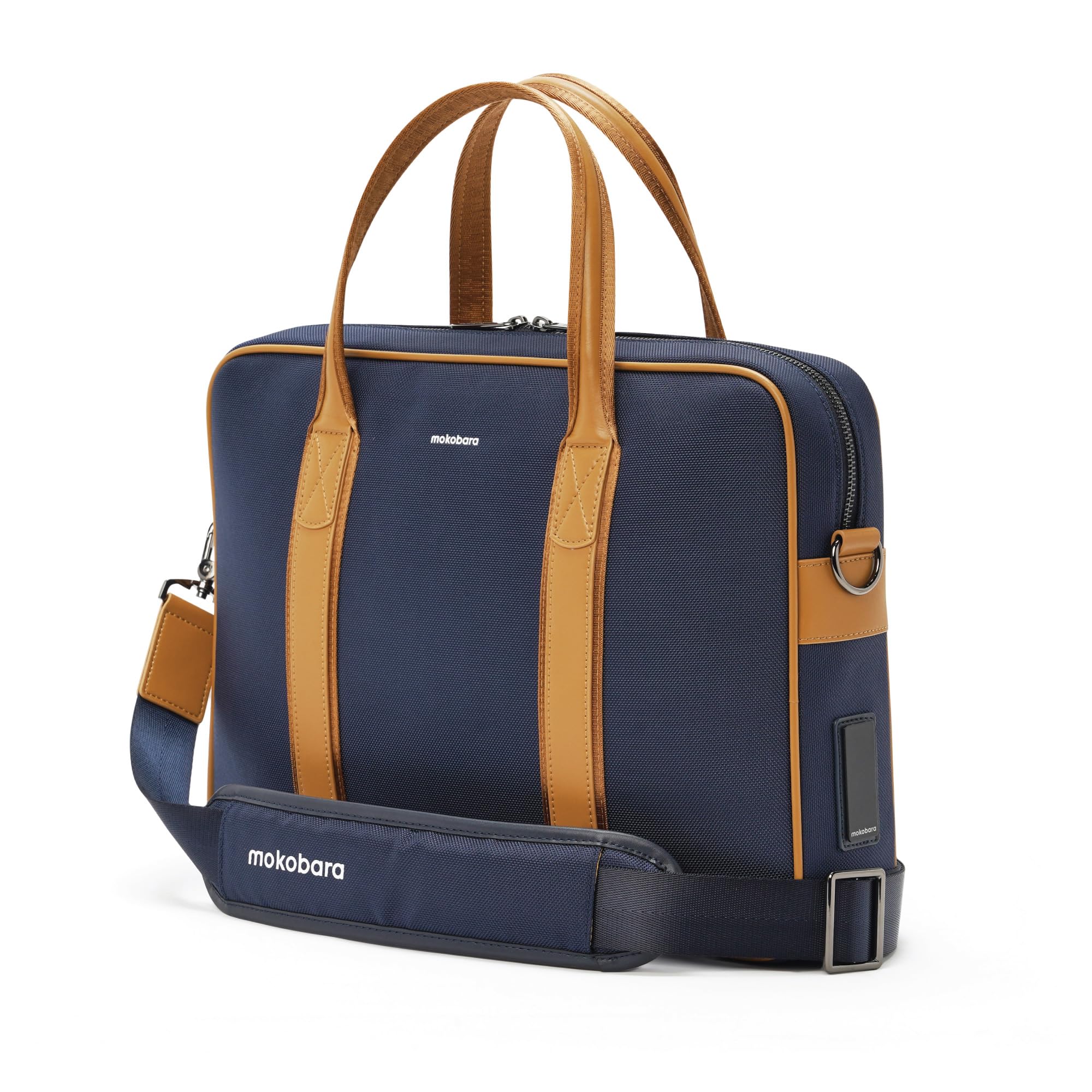 MOKOBARA Decaf Briefcase(8.5L),Nylon & Vegan Leather,Water Resistant,Laptop Sleeve for 15" Laptop,Retractable Key Holder,Detachable Shoulder Strap,Luggage Strap,Blue(Coastline)