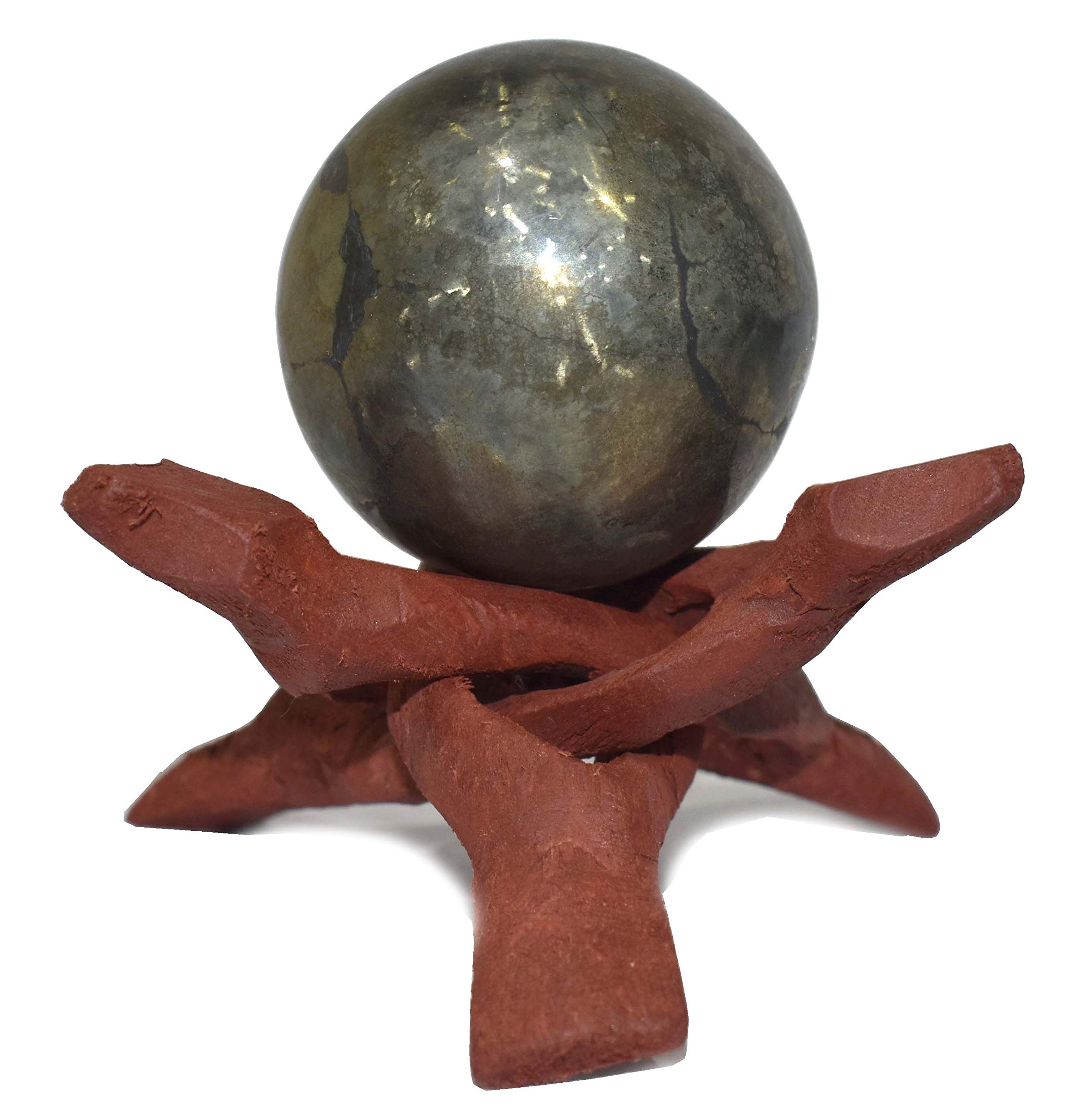 Healings4uSphere Golden Pyrite Size 1.5-2 Inch & One Wooden Ball stand Natural Crystal Ball Sphere Vastu Reiki Chakra Healing
