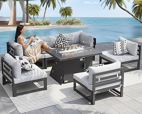Miniatura 928 de NICESOUL 7 Piece White Powder-Coated Aluminum Patio Furniture with Fire Pit Table, 29 Inch Extra Wide Outdoor Sectional Sofa for 6, High-End Heavy