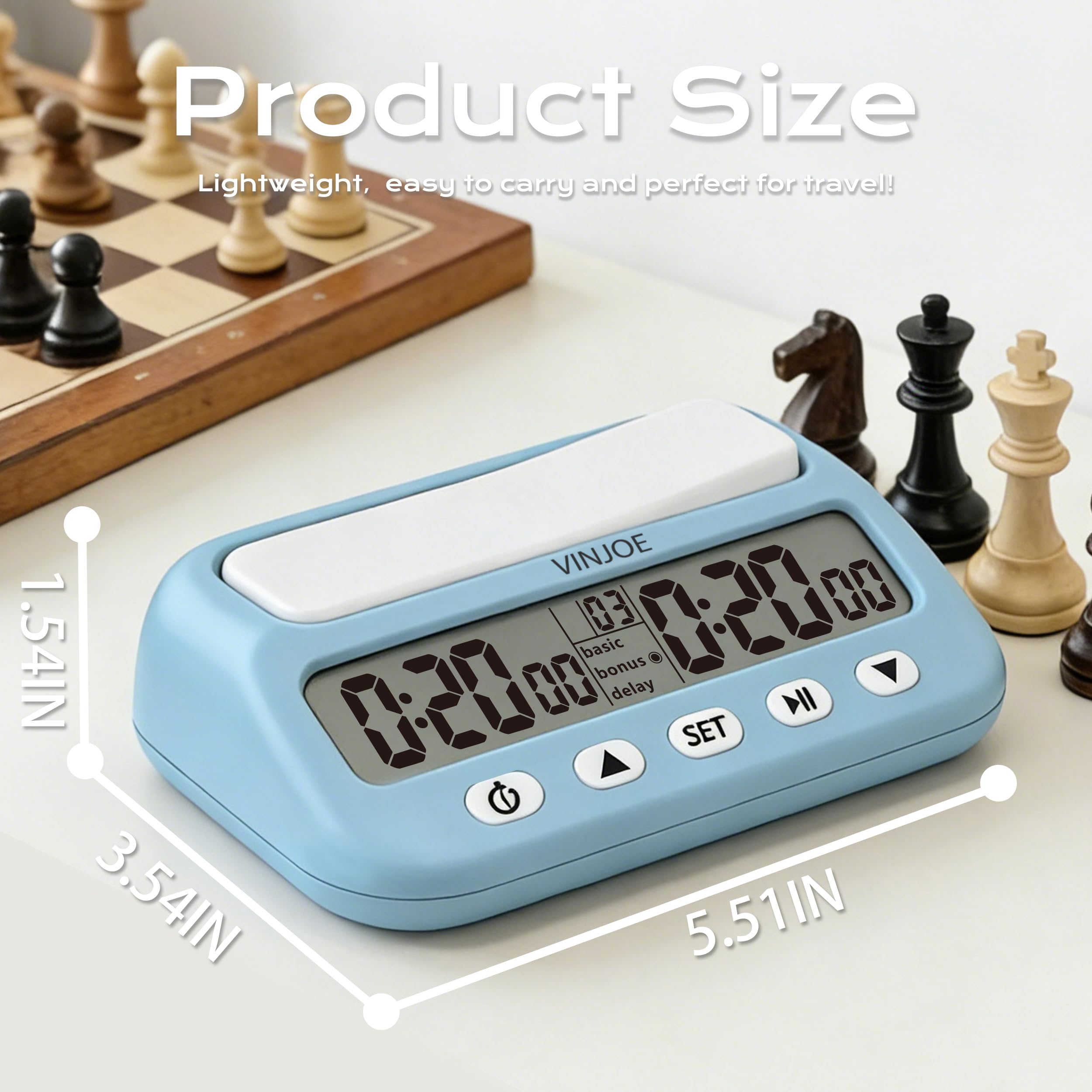VINJOE Schachuhr, digitaler Schach-Timer, professionell für Brettspiele, tragbare digitale Schachuhr und Spiel-Timer mit Basic, Bonus, Verzögerung und positiven Zeitfunktionen, beste Geschenke für