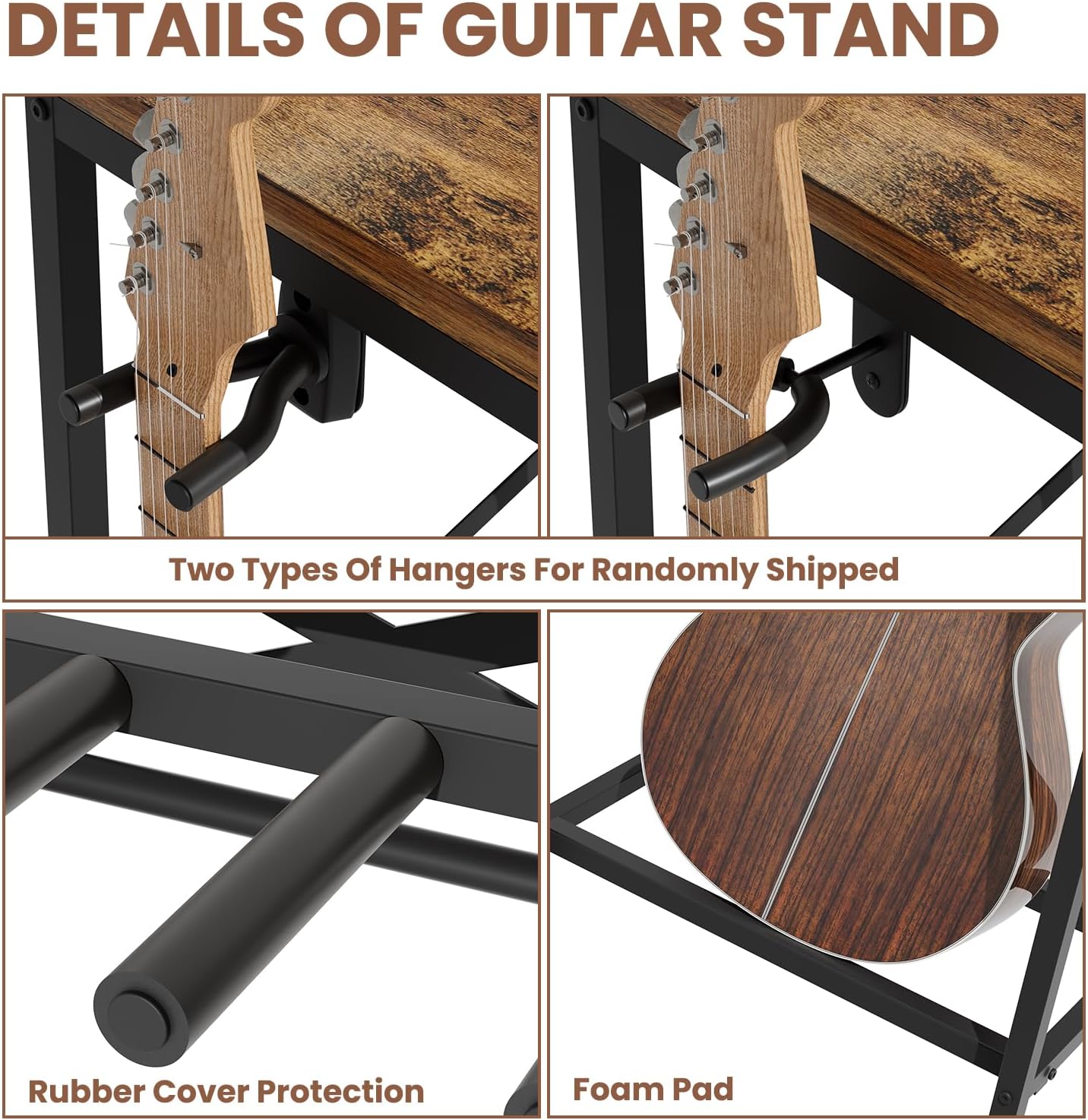 Guitar Stand for Multiple Guitars, Guitar Rack for Acoustic Guitar, Electric Guitar, Bass and Ukulele, Rustic Guitars Display Stand with 2 Guitar Hangers