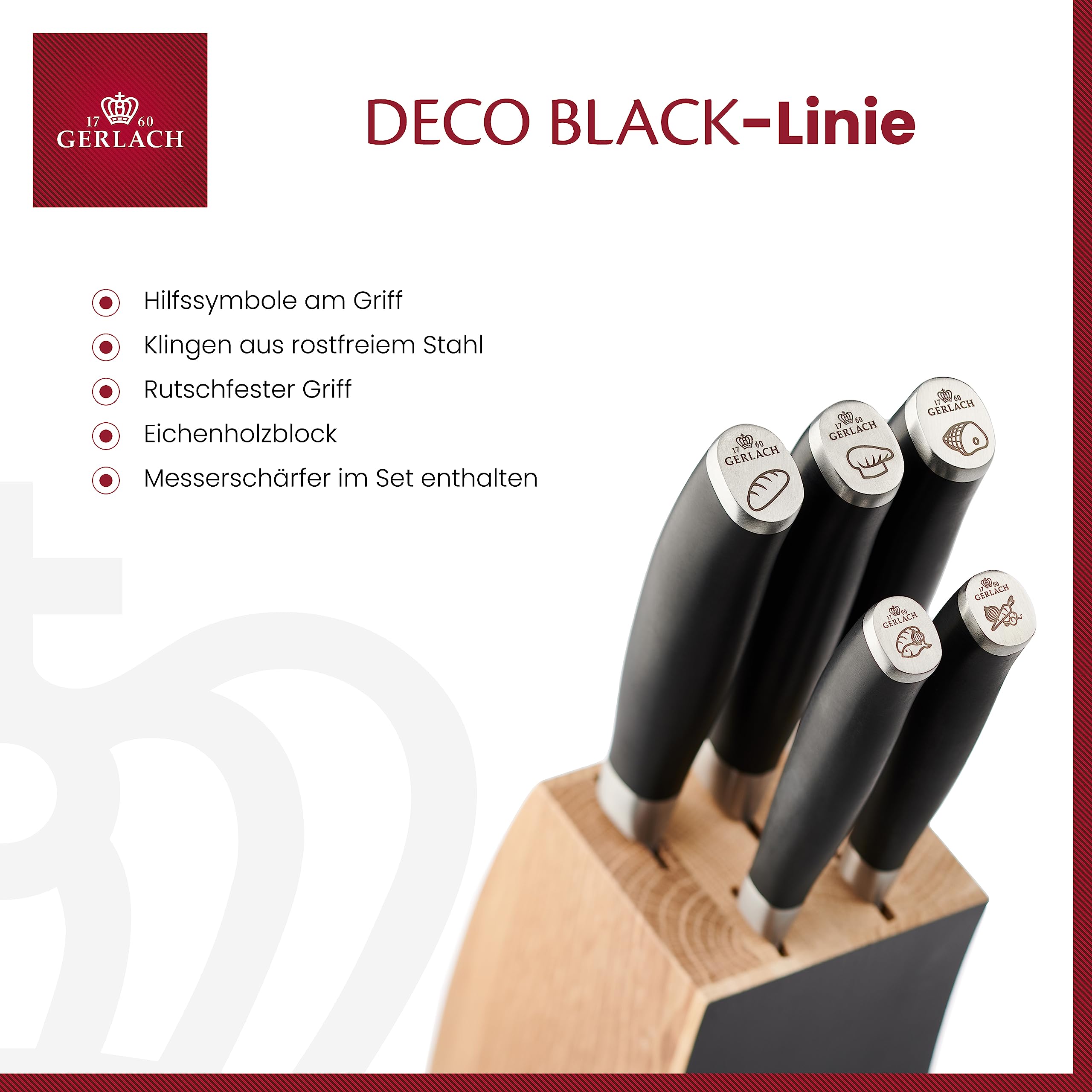 Gerlach Deco Black Messerblock Messerschärfer Messerset Küchenmesserset 5 Messer Edelstahl Buchenholz Küchenmesser Block Kochmesser Brotmesser Gemüsemesser Küche Küchenutensilien Küchenzubehör