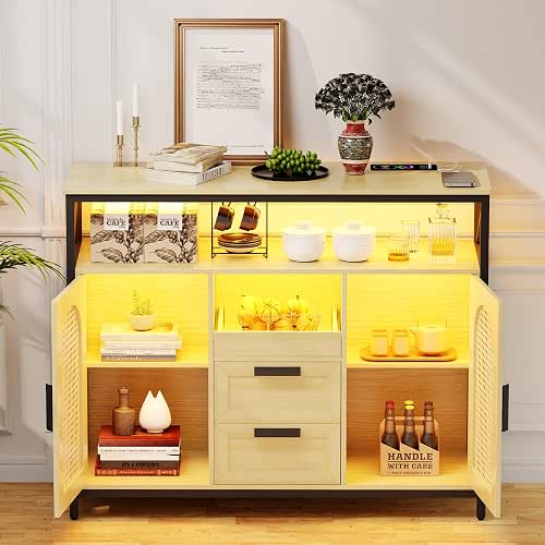 40” Rattan Sideboard Buffet Kitchen Storage Cabinet, LED Coffee Bar