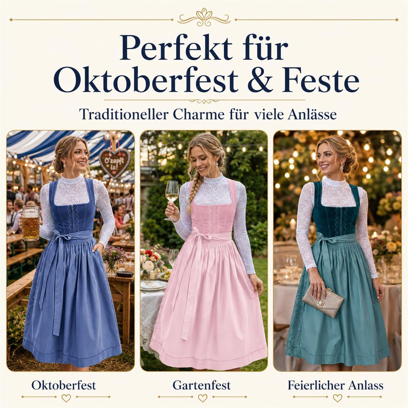 Dirndl Damen, Oktoberfest Outfit Trachtenkleid Set mit Dirndlkleid, Schürze
