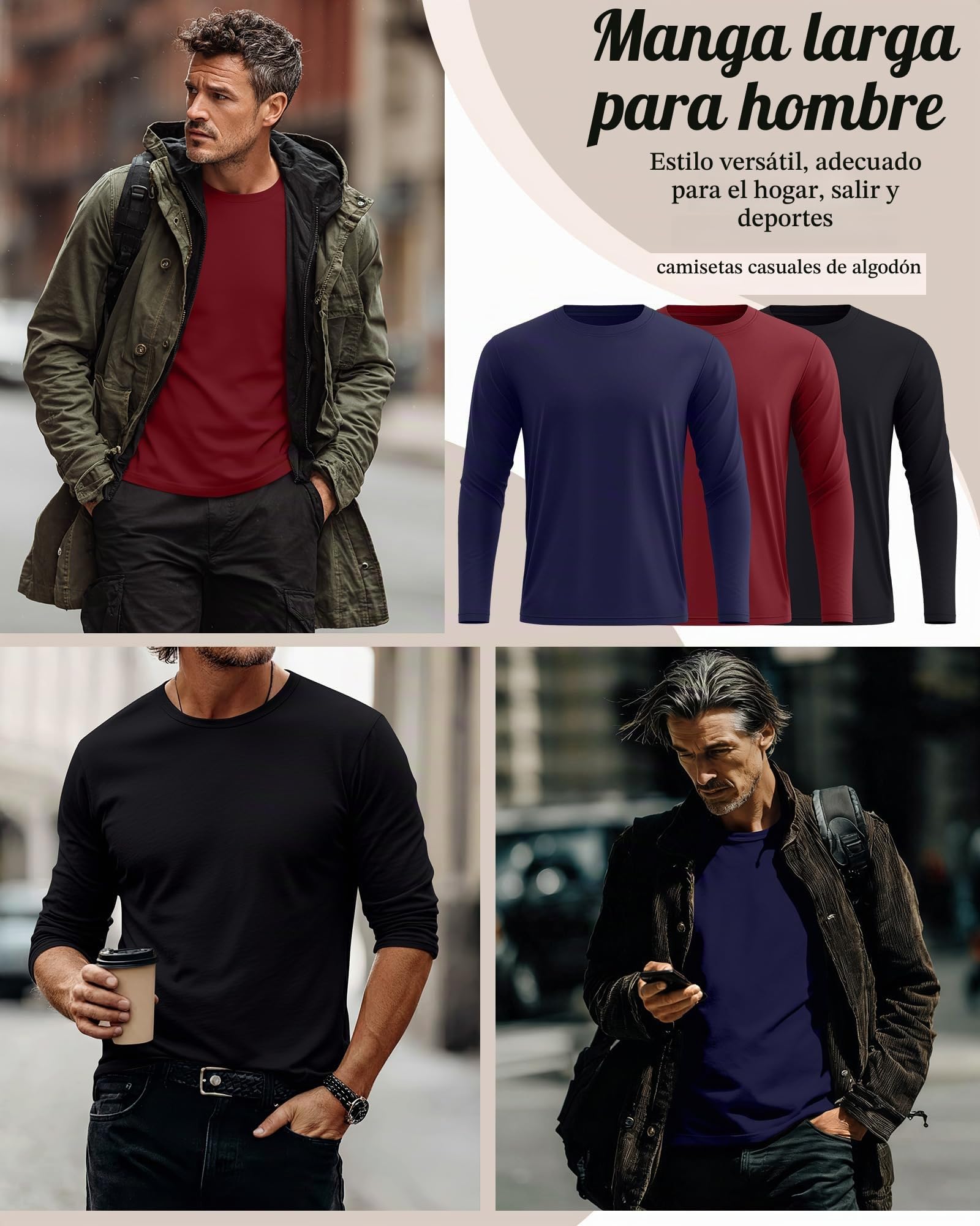 Ficerd - Paquete de 3 Camisetas de algodón de Manga Larga para Hombre, Tallas Grandes y Altas, Cuello Redondo, Talla Grande