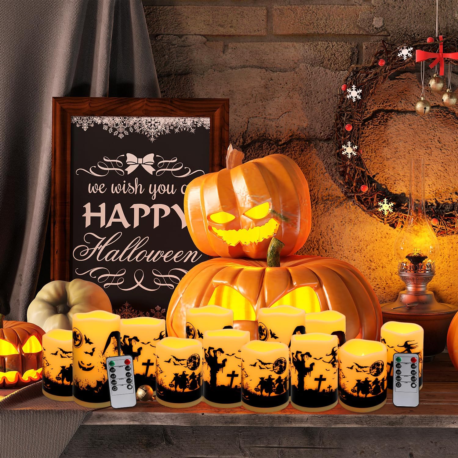 12-Pack Halloween-Flameless Led Pillar Candles，Remote Control and Timer Functions,