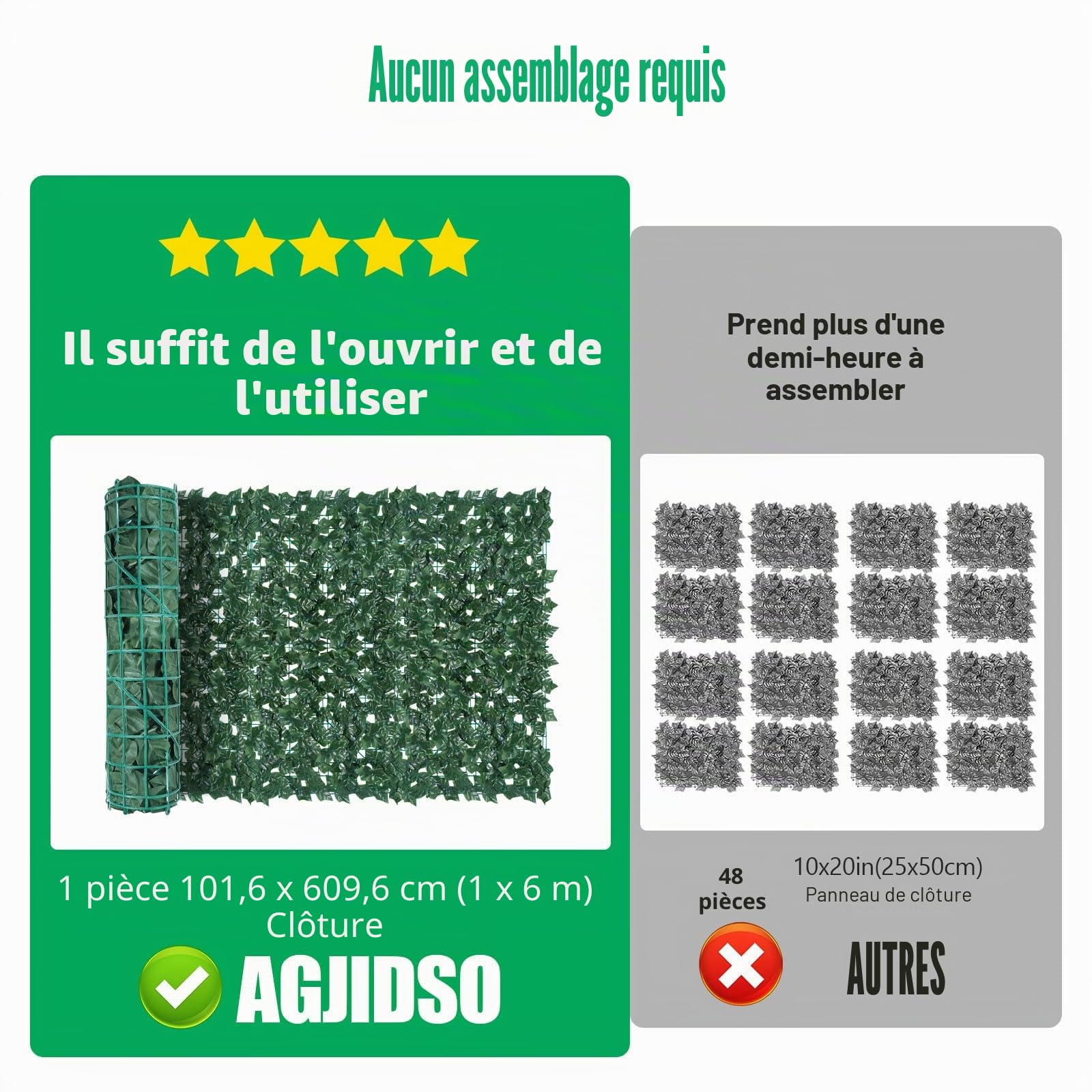 Haie Artificielle 1x6M, Mur Vegetal Artificiel Exterieur, Brise Vue Jardin Décoration, Clôture de Feuilles Artificielles, 100 Pcs Serre Cable Plastique