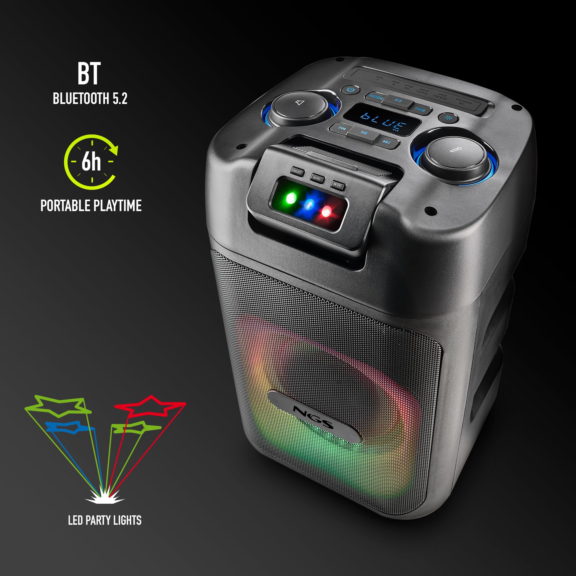 NGS Wild Club – Altoparlante portatile Fiesta Bluetooth 5.2, 80 W, luci laser e RGB, 2 ingressi microfono karaoke, 5400 mAh batteria 6H, USB/AUX/TF