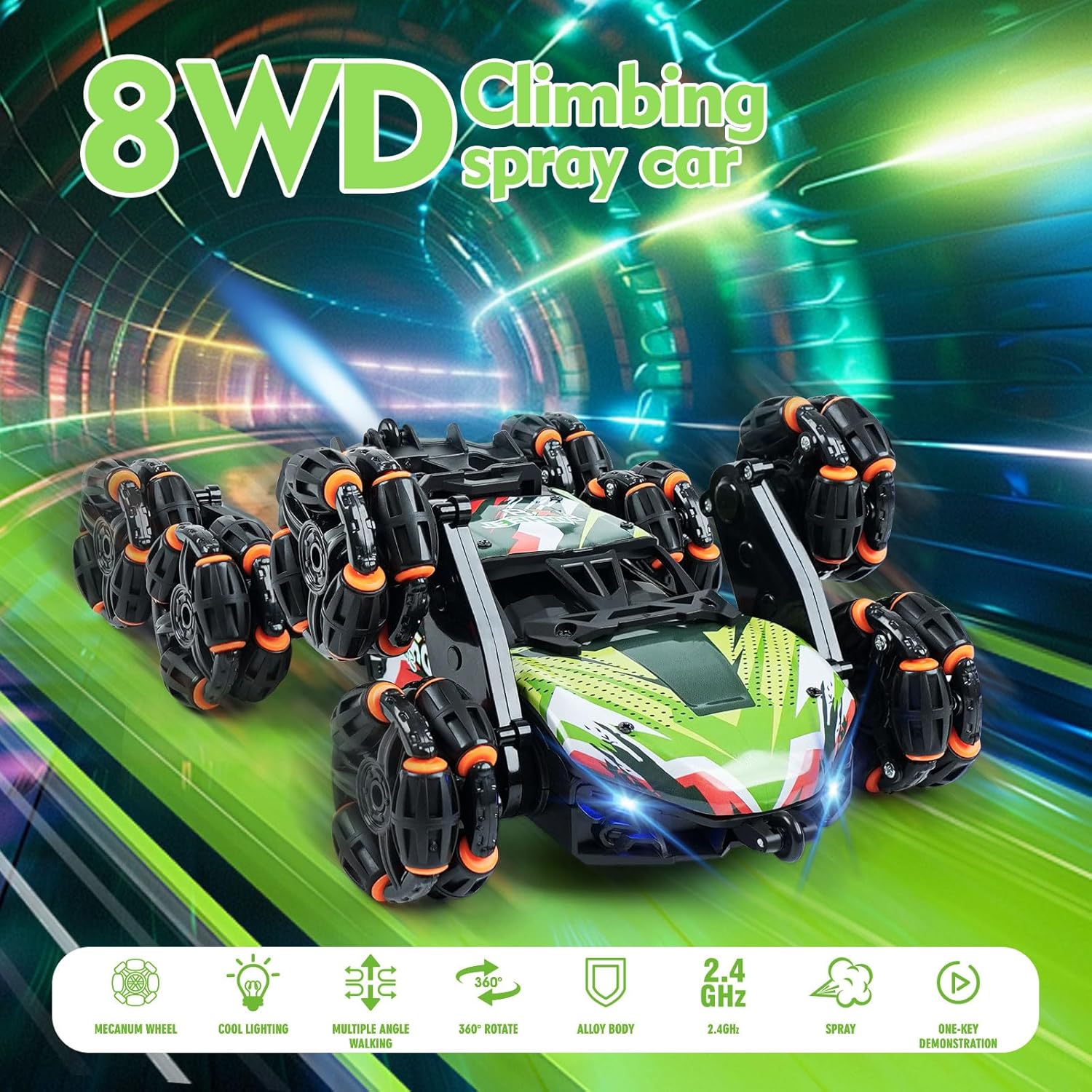 8 Wheels Remote Control Car - Birthday Gifts for 6 7 8 9 10 11 12 Years Old Boys, Gesture Sensing RC Stunt Car with Lights & Spray & 360 Degree Flips, 2.4Ghz Climbing Toys for Kids Age 6-12