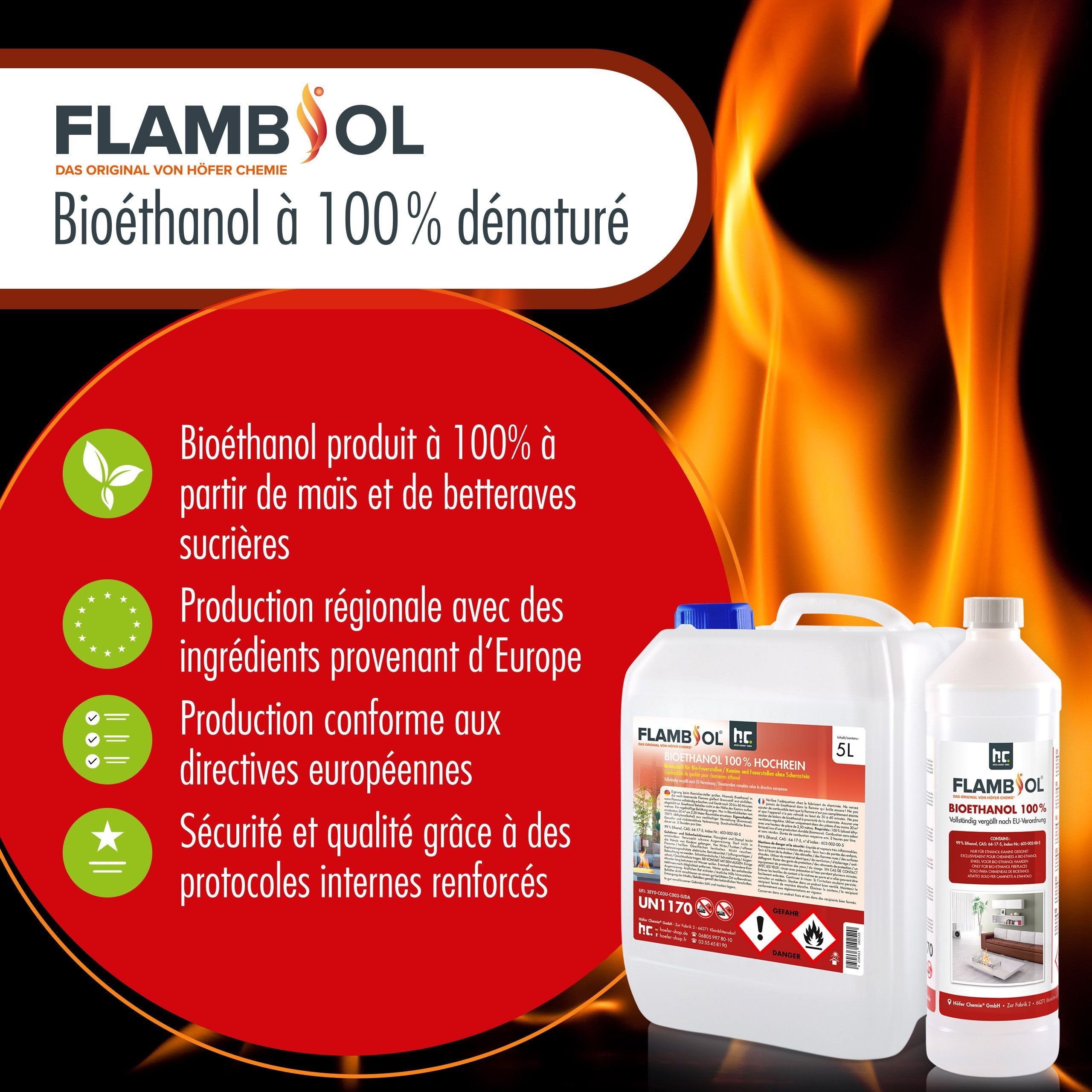 Höfer Chemie FLAMBIOL® Bioéthanol 30 x 1 L Ultra Pur 100% - Combustible Écologique pour Cheminées de Table et Poêles en Acier Inoxydable, Combustion Propre et Inodore - 4