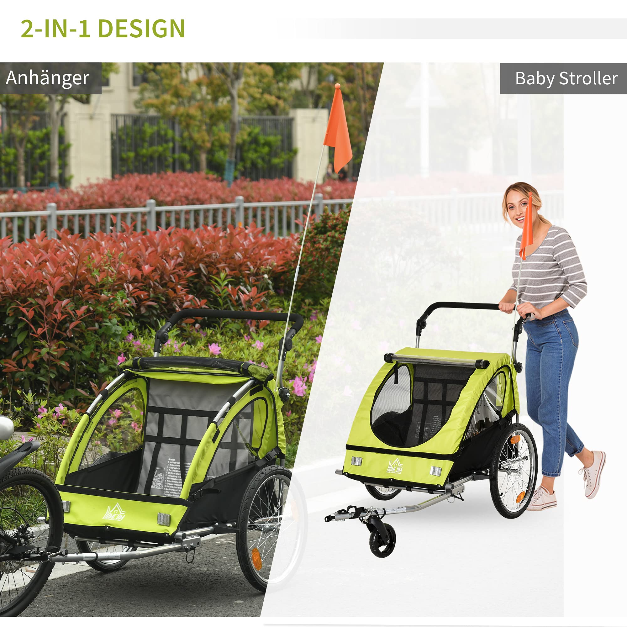 HOMCOM Remolque de bicicleta 2 en 1 con bolsa de almacenamiento de dos capas de tubo de acero oxford verde + negro, 160 x 84 x 106 cm