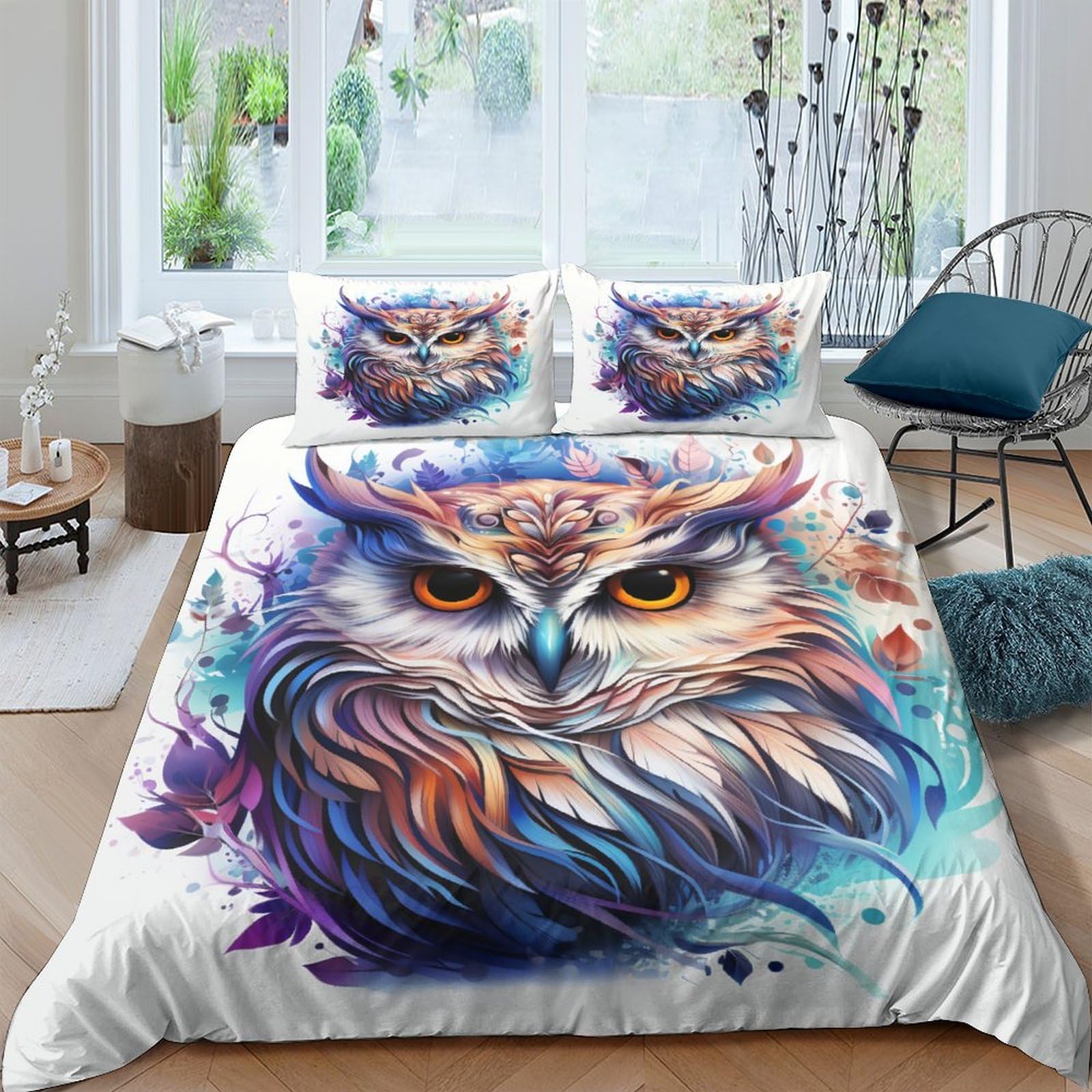Funda nórdica de búho 3D cama doble con cremallera y almohada juego de 3 piezas microfibra 200x200