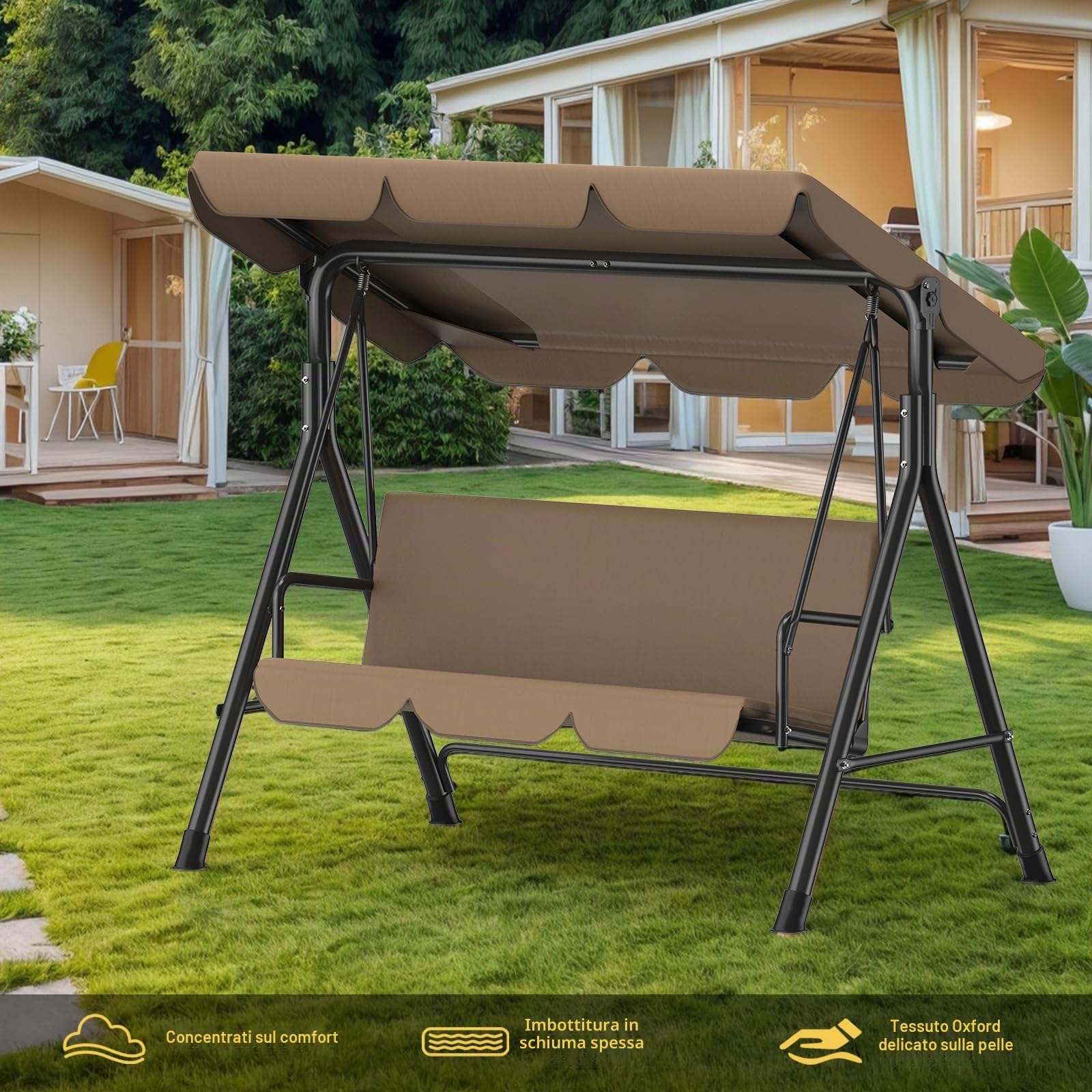Dondolo da giardino a 3 posti, tettuccio parasole regolabile, imbottitura, acciaio, 175x110x152 cm, per giardino e terrazza, portata 200 kg, marrone