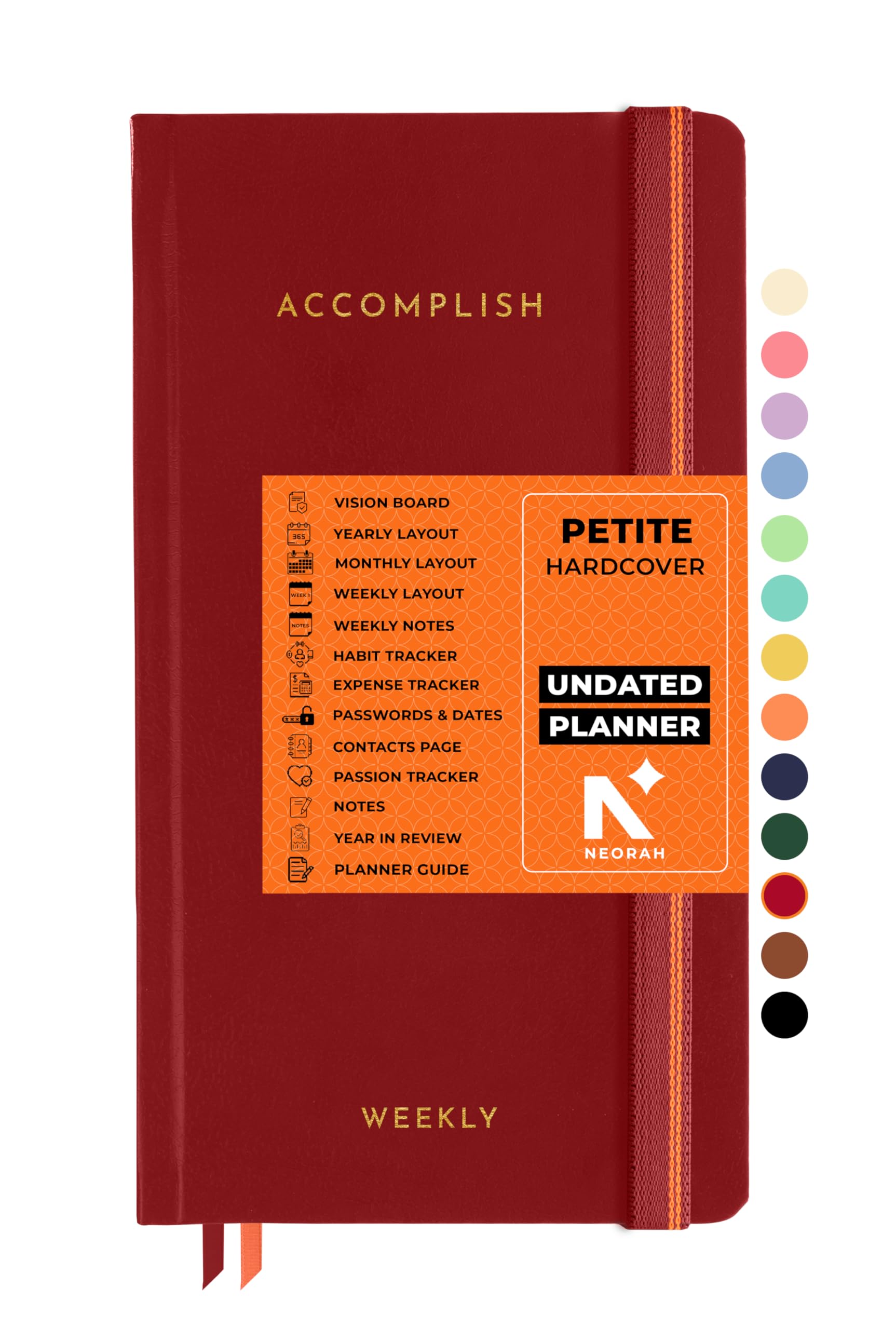 NEORAH — UNDATED ACCOMPLISH Planner PETITE | 12 Month Productivity Planner Diary without Dates | Weekly | Monthly | 12 Month Budget Tracker - (21 x 10.5cm) | Undated HARDCOVER Planner (Red)
