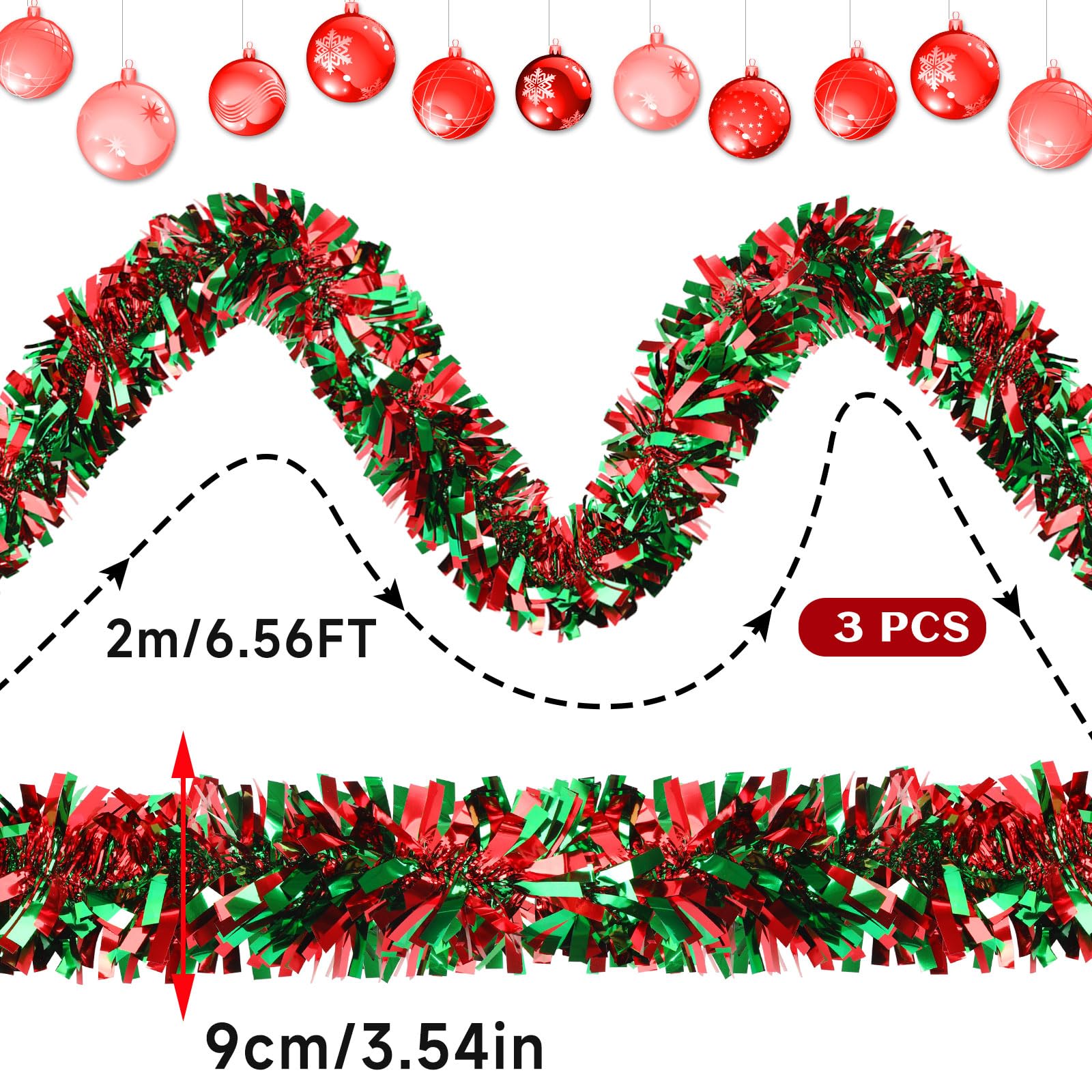 MARFOREVER 3 Pcs Christmas Tinsel Garland Tree Decoration Red Green Metallic Tinsel Twist Garland Hanging Supplies for Christmas Holidays New Year Party Indoor Outdoor Home Wall Decor 19.7 Feet - Image 4