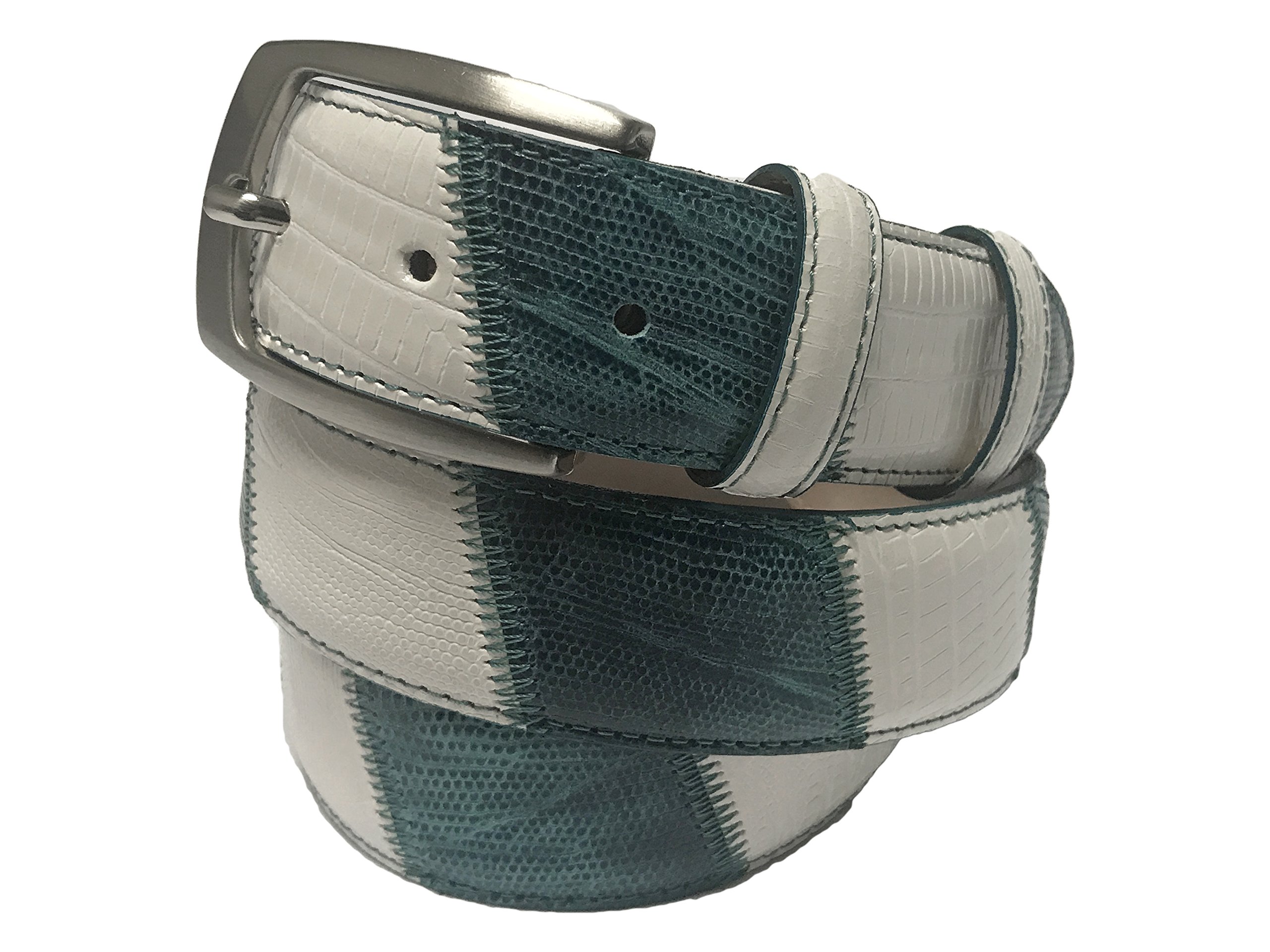 Fresco Golf Full Grain Italian Leather Lizard Embossed Patchwork Men’s Belt, White/Turquoise, 28