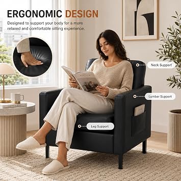 STHOUYN Black Faux Leather Accent Chairs with Arms, Living Room, Modern