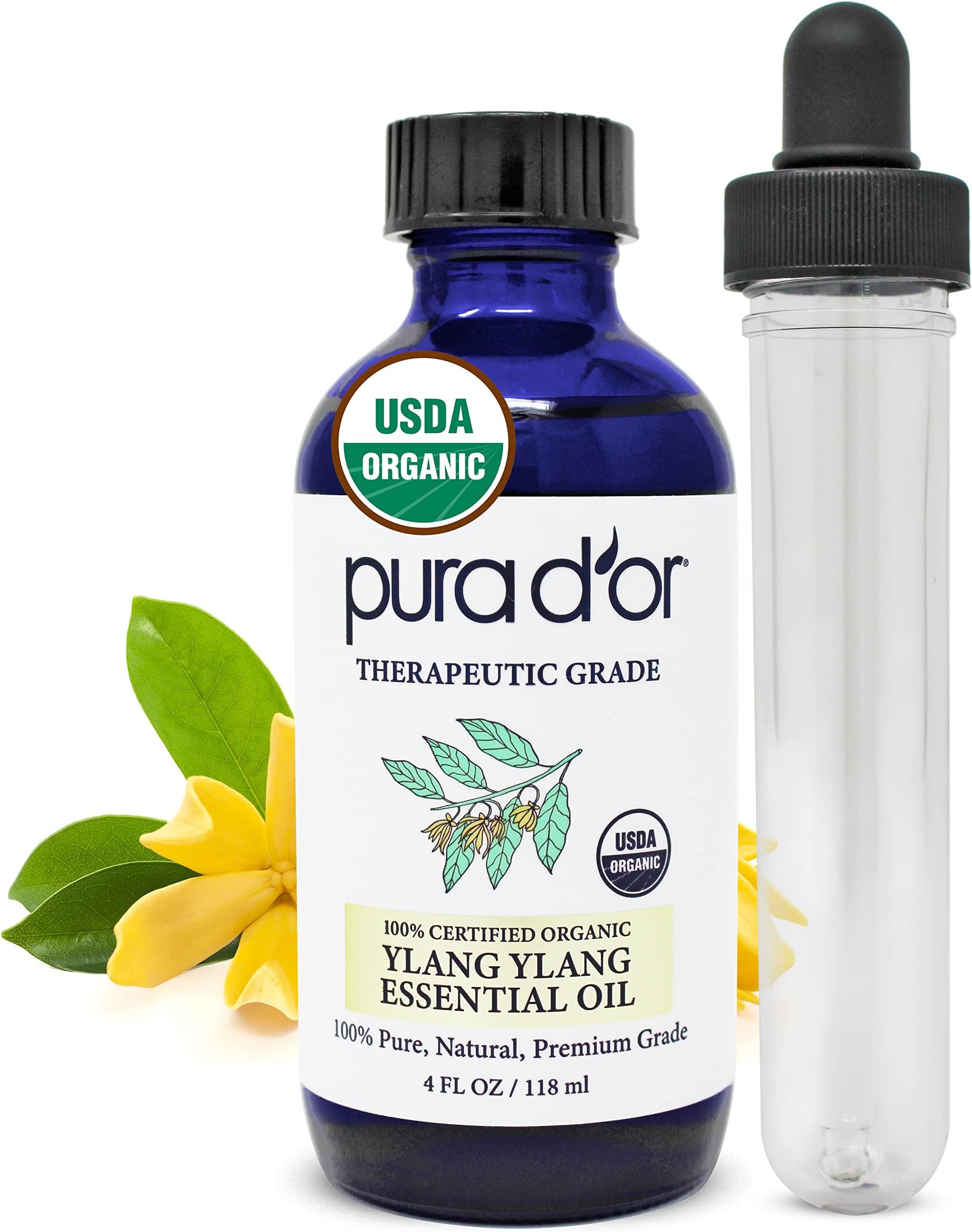 - PURA D'OR Organic Ylang Ylang Essential Oil (4oz with Glass Dropper) 100% Pure & Natural Therapeutic Grade for Hair, Body, Skin, Aromatherapy Diffuser, Relaxation, Massage, Mood, Antioxidant Support