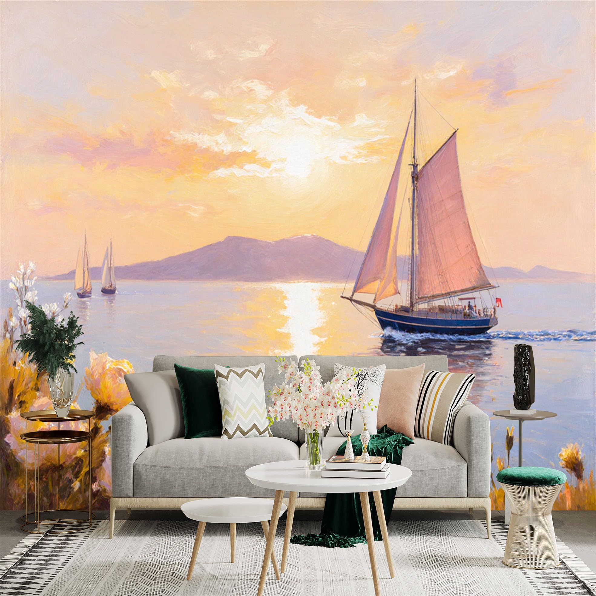 Lnzczhyre Xc260505582 Custom Size Wall Sticker Mural， Sailboat At Sunset， Calm Ocean View， Romantic Coastal Scenery， Yellow Flowers， For Wall Decoration， Peelandstick Wall Decals.