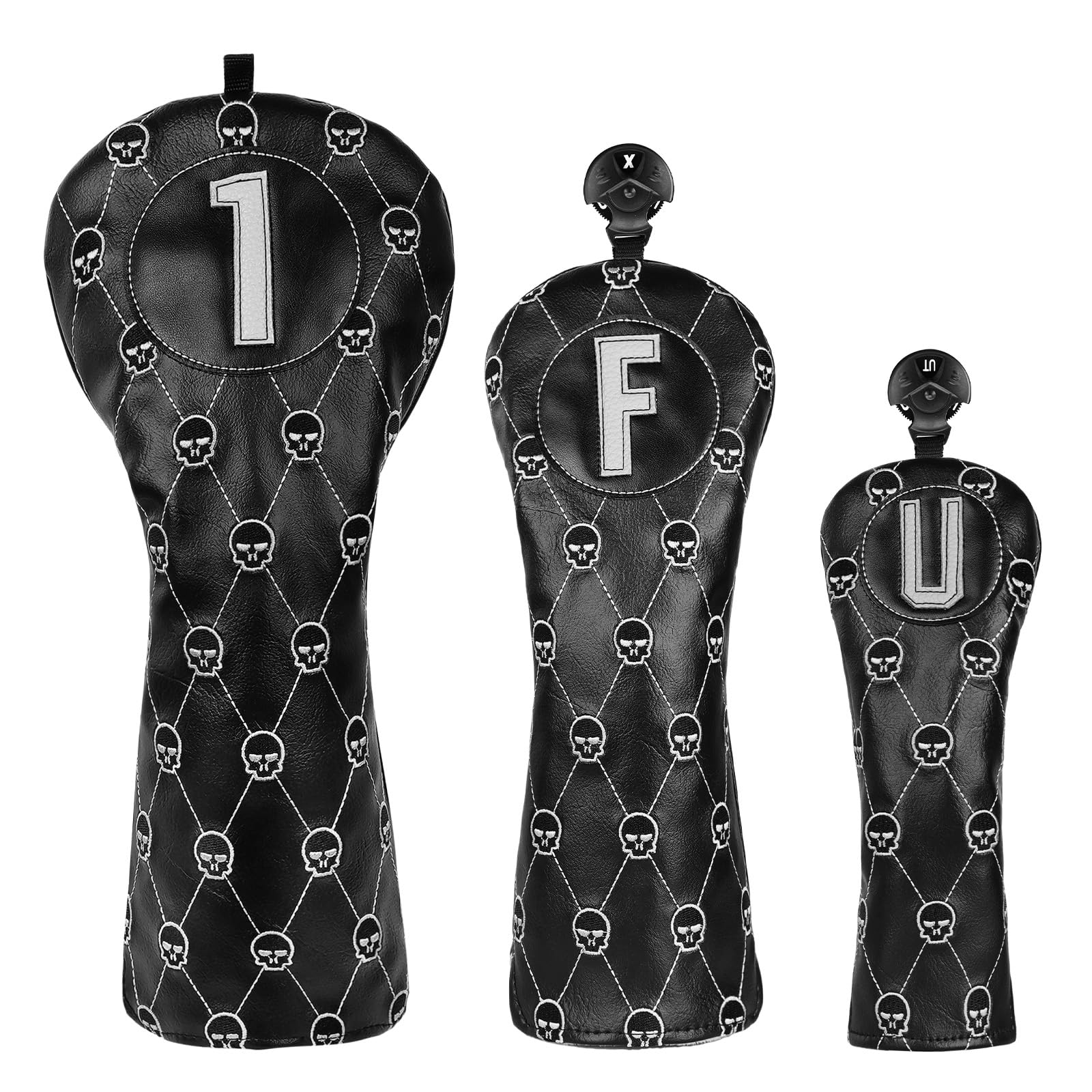 Golfschlägerhauben aus Holz für Fahrer/Fairway/Hybrid/(1.F.U), schwarzes PU-Leder, Totenkopf-Muster