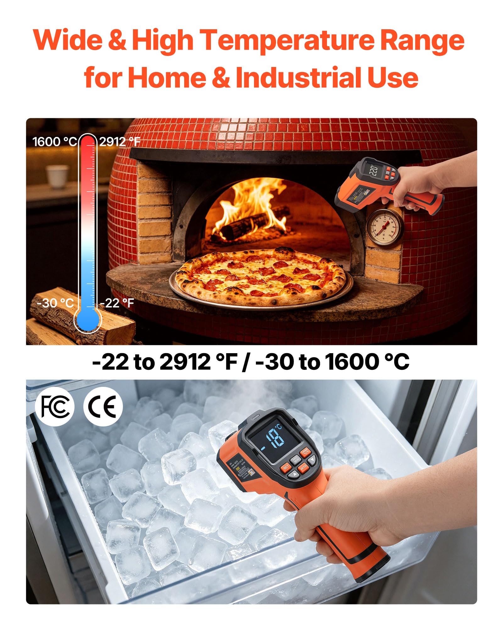 VEVOR Infrarot Thermometer -30℃ bis 1600℃, Digitales IR-Temperaturmessgerät mit LCD-Display Typ-K-Thermoelement & Dual-Laser, Berührungslose Temperaturpistole für Kochen Industrie (Nicht für Menschen)