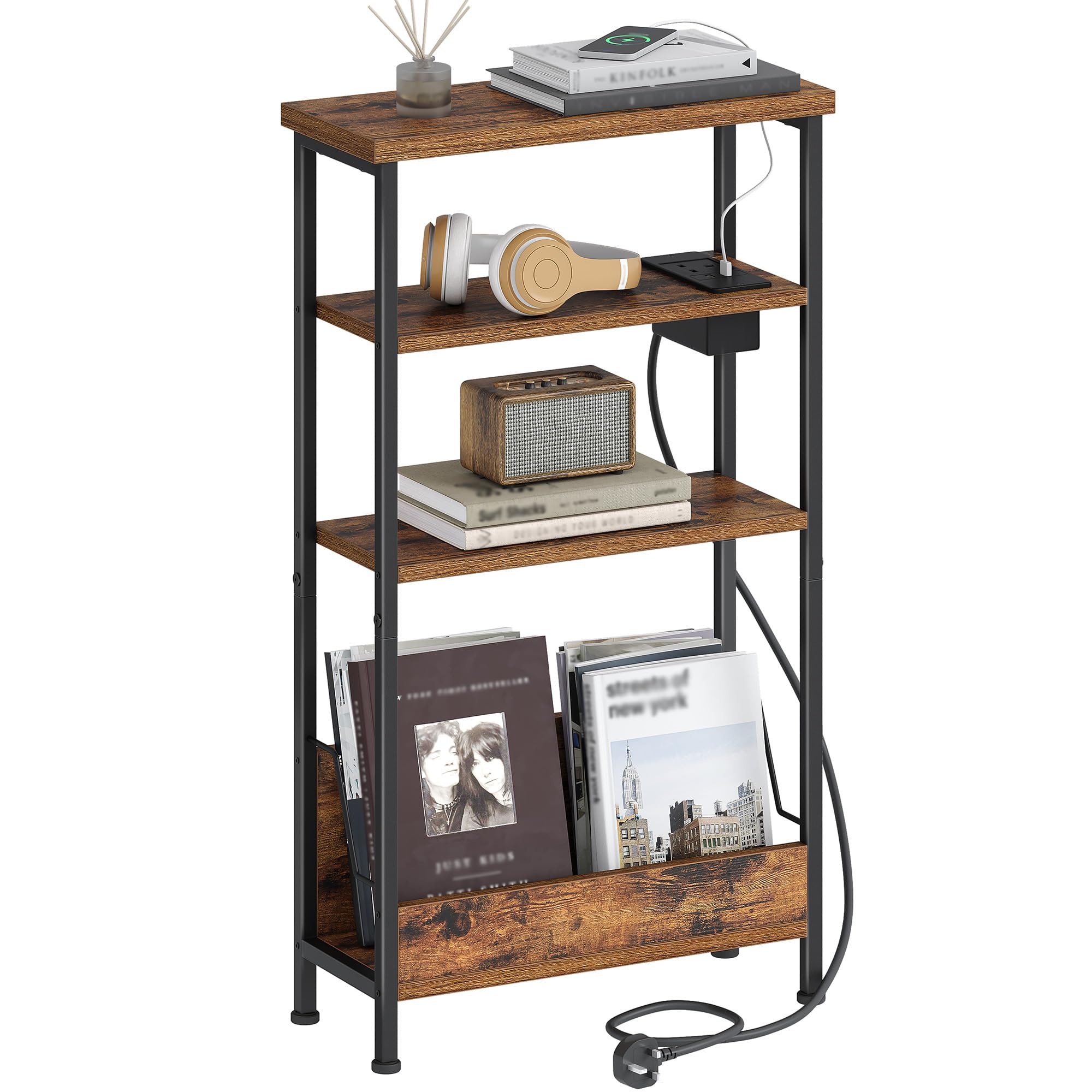 Hzuaneri Narrow Side Table with Charging Station, 4-Tier Slim Bedside Table with Magazine Rack, Sofa End Table for Small Spaces, Living Rooms, Bedrooms, Study as a Nightstand, Rustic Brown ET40001BUK