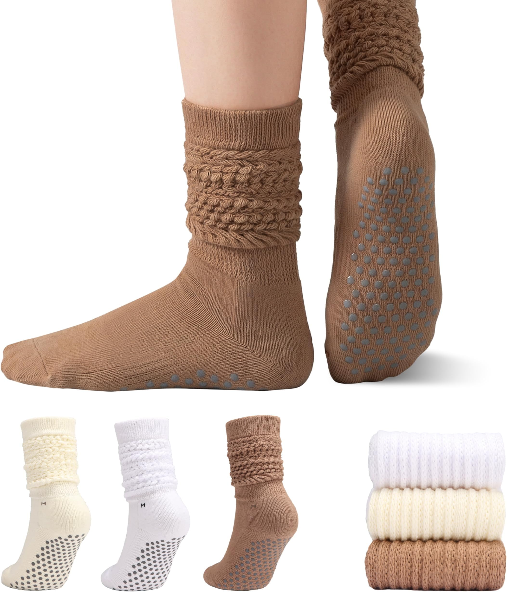 3 Pairs Pilates Socks for Women with Grip Non-Slip Grippy Yoga Slouch Barre Workout Long Slipper Socks