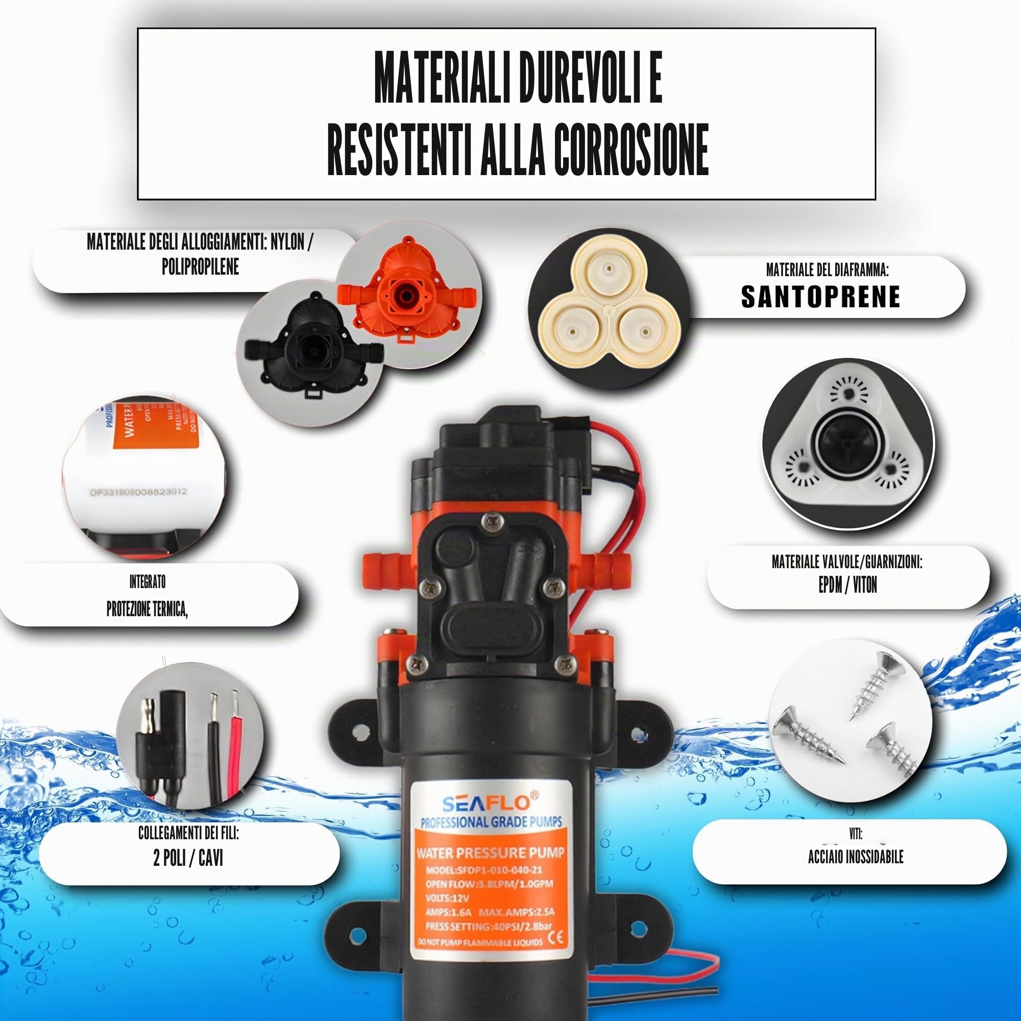 Seaflo Pompa a membrana a pressione dell'acqua, 12 V, 1,2 GPM, 35 PSI