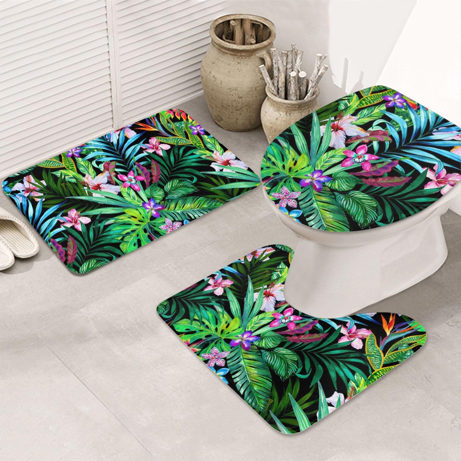 LAMAME Lot de 3 tapis antidérapants pour salle de bain Motif feuilles tropicales colorées