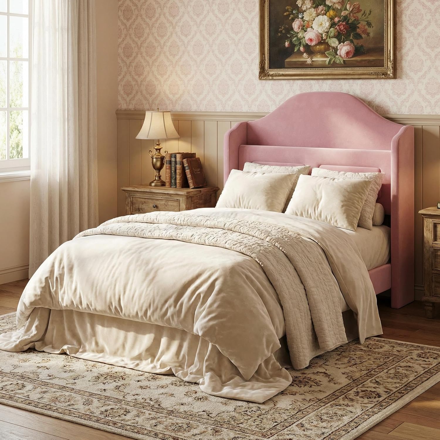 GAOMON Twin Bed Frame, Velvet Platform Bed Frame with LED Light & Storage Headboard, Sturdy Wooden Slats, No Box Spring Needed, Pink