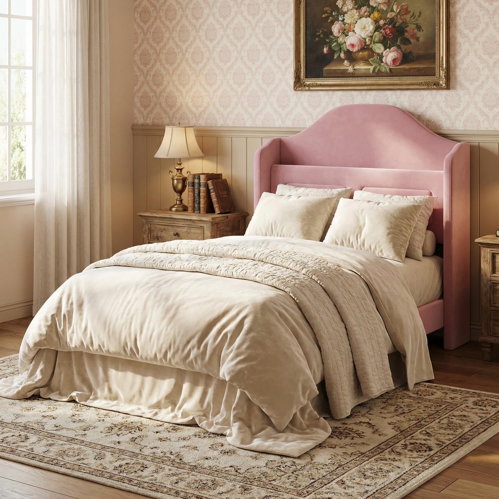 GAOMON Twin Bed Frame, Velvet Platform Bed Frame with LED Light & Storage Headboard, Sturdy Wooden Slats, No Box Spring Needed, Pink