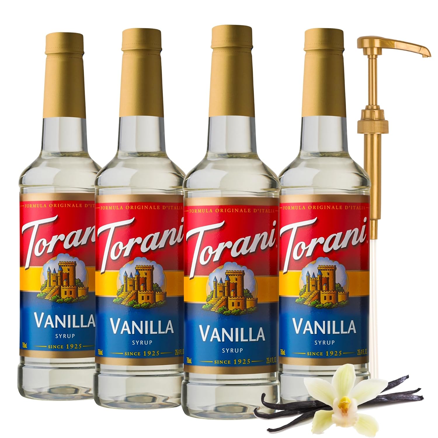 Torani Vanilla Flavored Drink Syrup with Pump, 25.4 fl oz (Pack of 4)