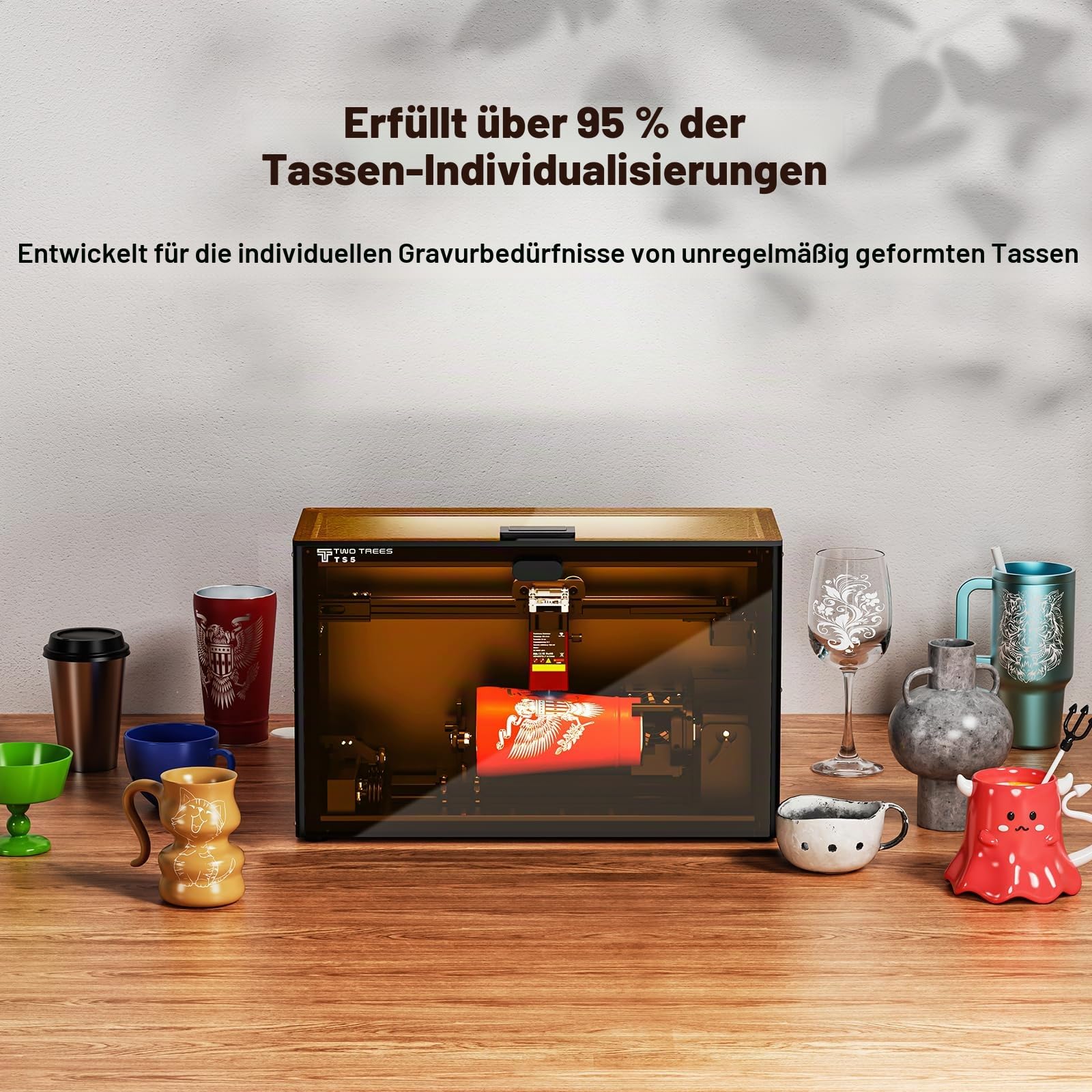 Twotrees TS5 7W Laser Graviermaschine, Lasergravierer für Cup mit 4 in 1 Laser Rotary Roller, Lasergehäuse, Gravur Unregelmäßige Zylinder, 249×123×123mm Gravurbereich