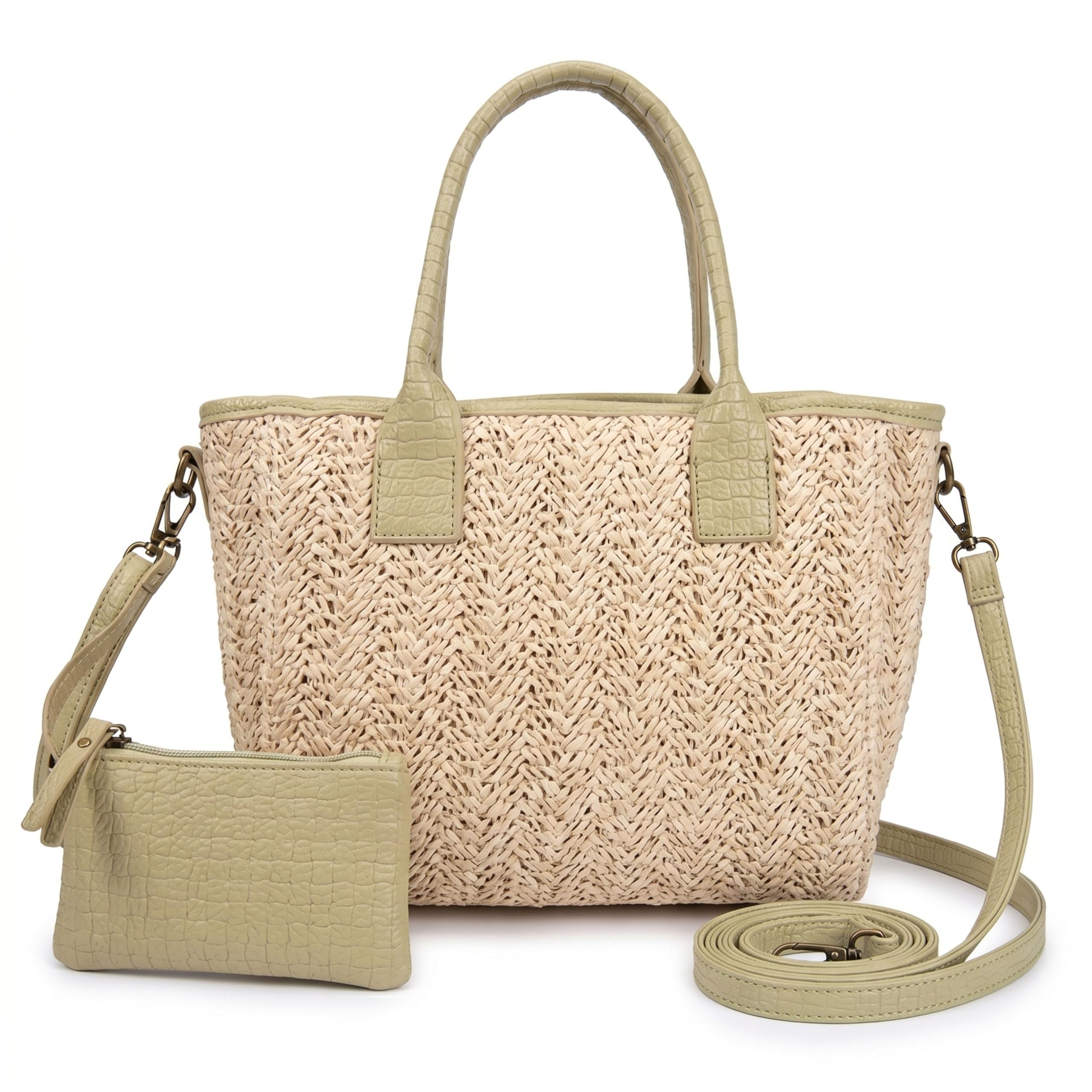 Bolso de Verano Mujer - Bolso Rafia Mujer con Detalles en Verde - Bolso Mimbre - Monedero a Juego - Cesta de Playa con Cremallera (Verde)