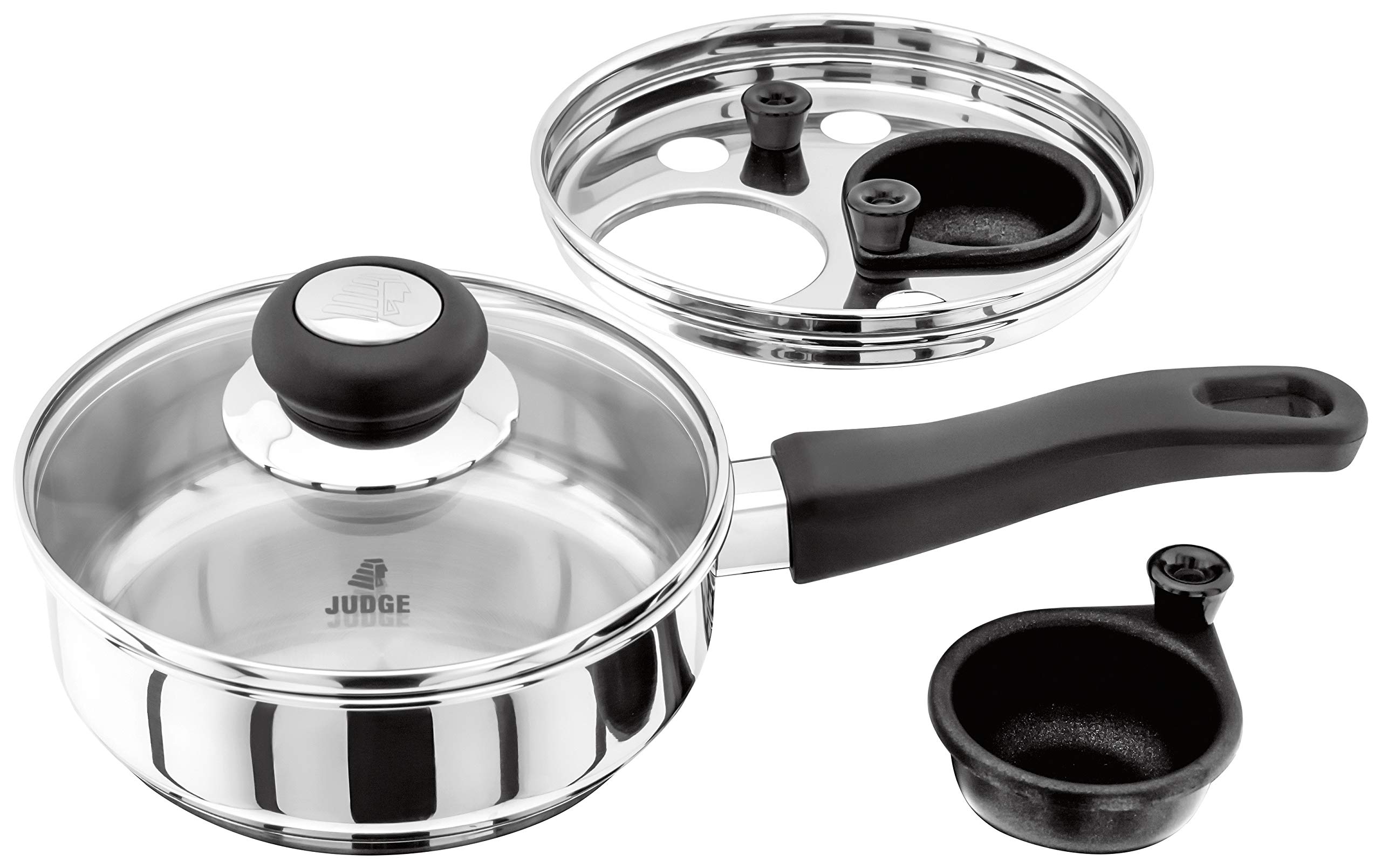 Judge Vista Stainless Steel Two Cup Egg Poacher and Frying Pan, Shatterproof Vented Glass Lid, Induction Ready, Oven Safe