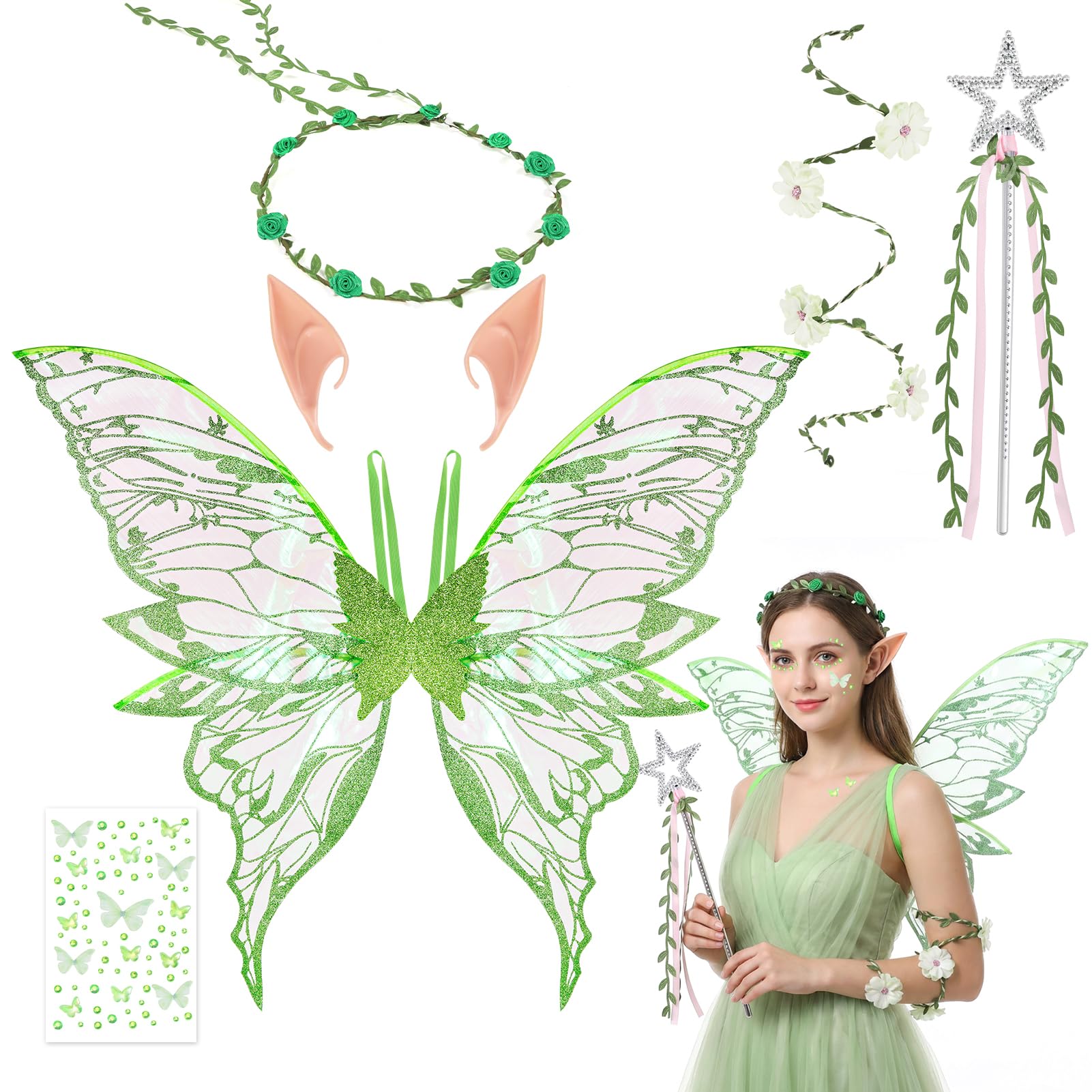 Beipegin Fairy Wings Adults Fairy Costume Butterfly Wings Floral Garland Wand Elf Ears Flower Arm Wrap Angel Fancy Dress Cosplay