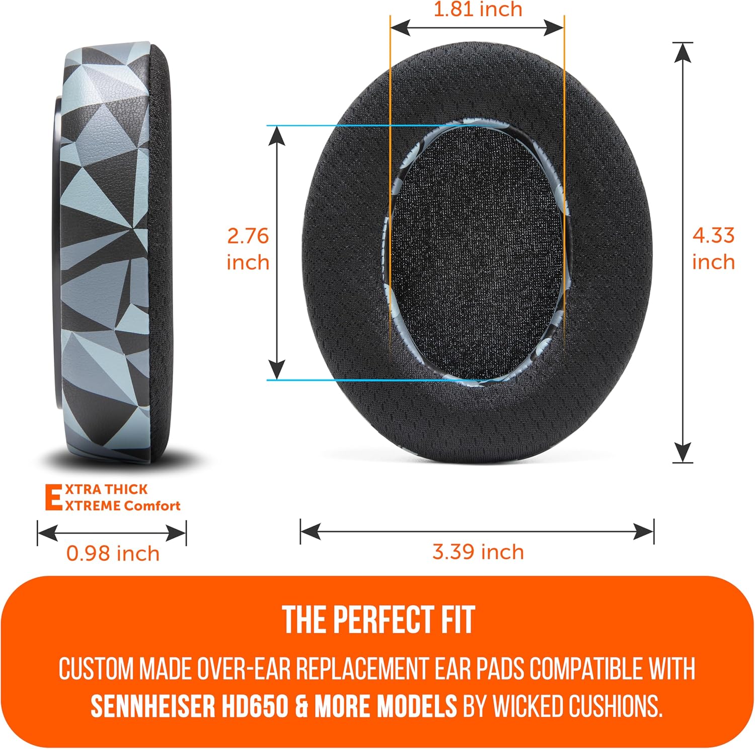 WC Freeze HD6XX - Cooling Gel Earpads for Sennheiser HD6XX, HD58X, HD600, HD650, HD660S, HD660S2, HD580, HD565 & More, Made by Wicked Cushions | Extra Comfortable and Cool | Geo Grey