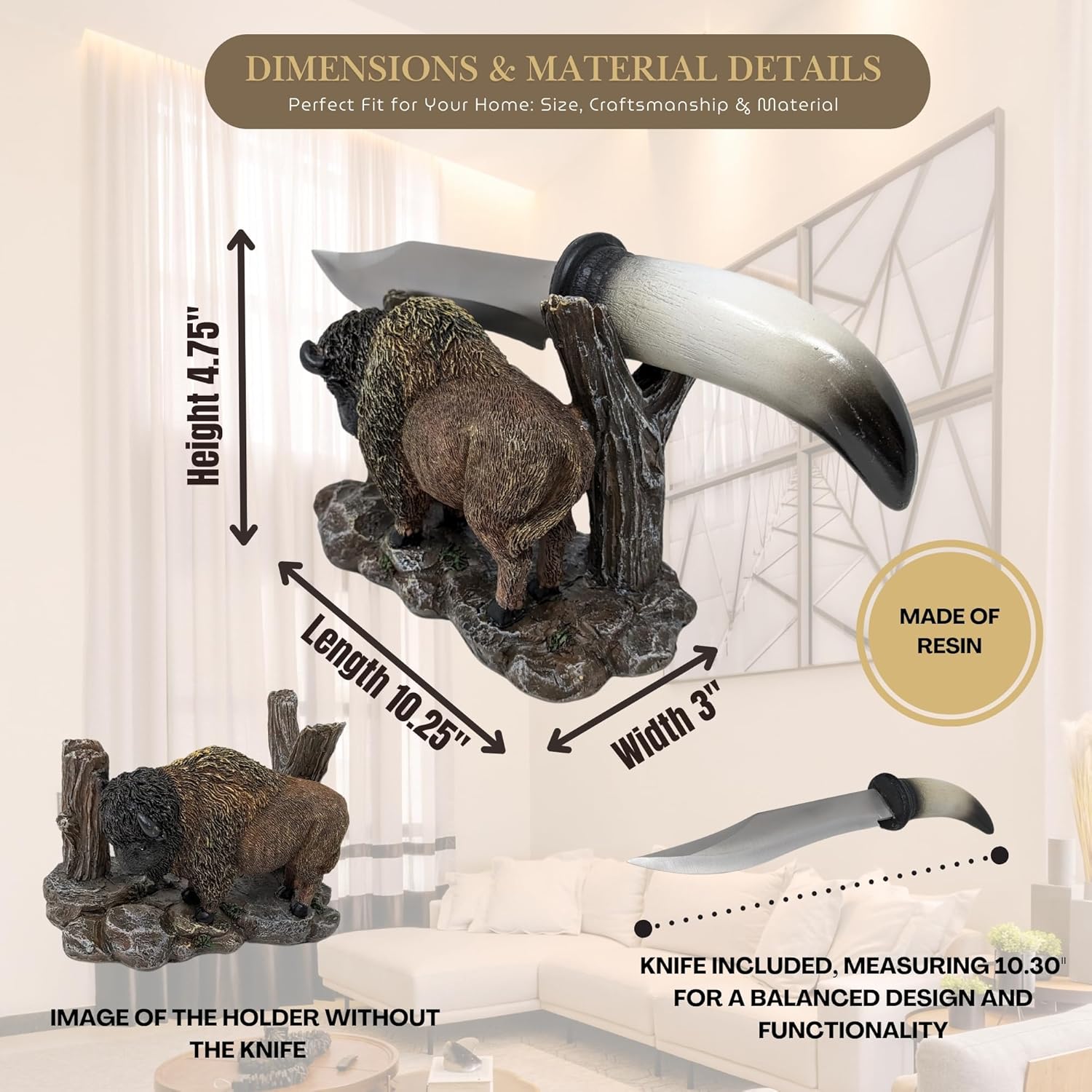 BestGiftEver American Buffalo Horn-Inspired Blade Knife with Rustic Bison Stand – Hunting Cabin and Lodge Decorative Display