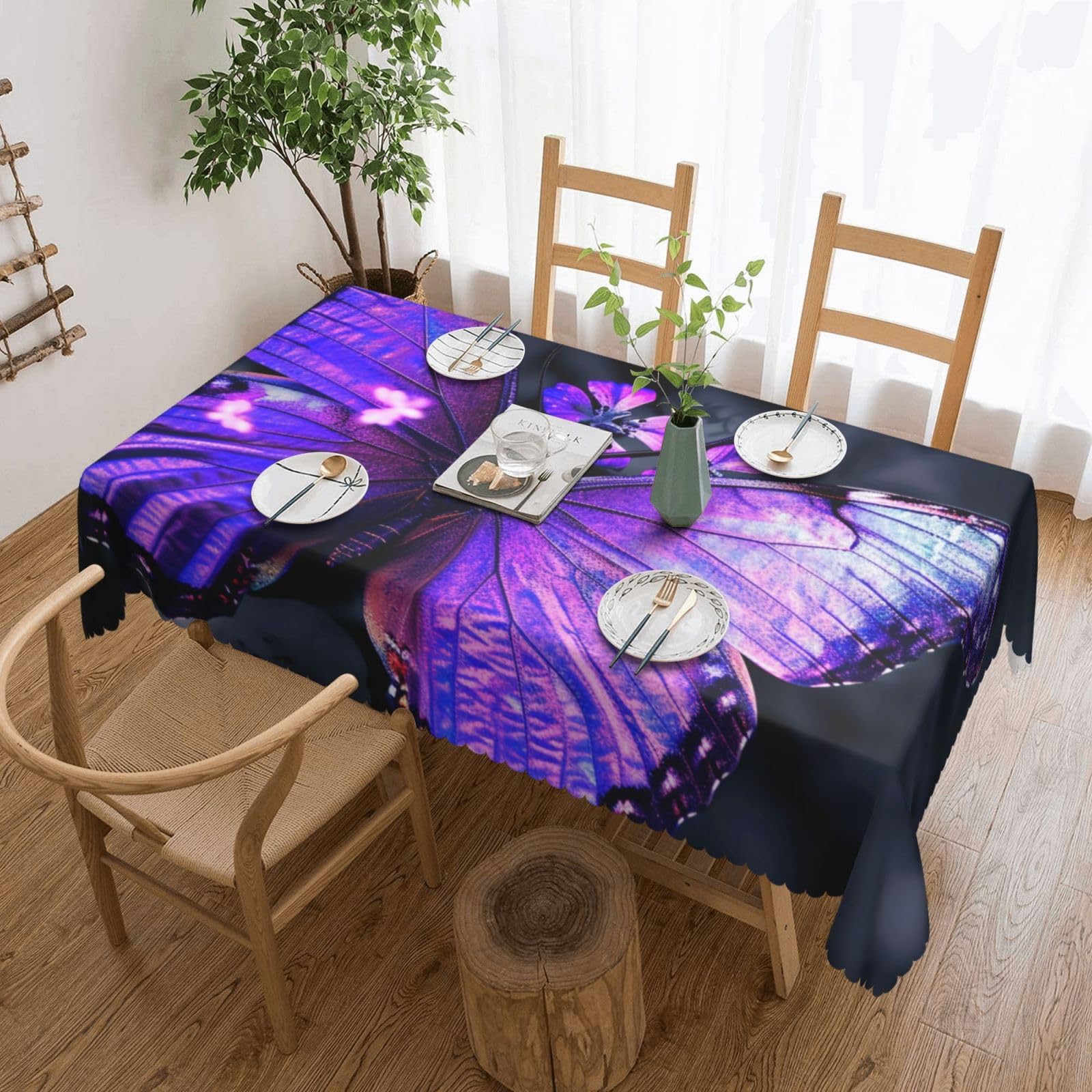 WPKJU Butterfly Printed Rectangle Tablecloth 72x54 Inch with Lace Trim, Water-Resistant Washable Table Cover for Farmhouse Weddings, Outdoor Picnics & Holiday Dining