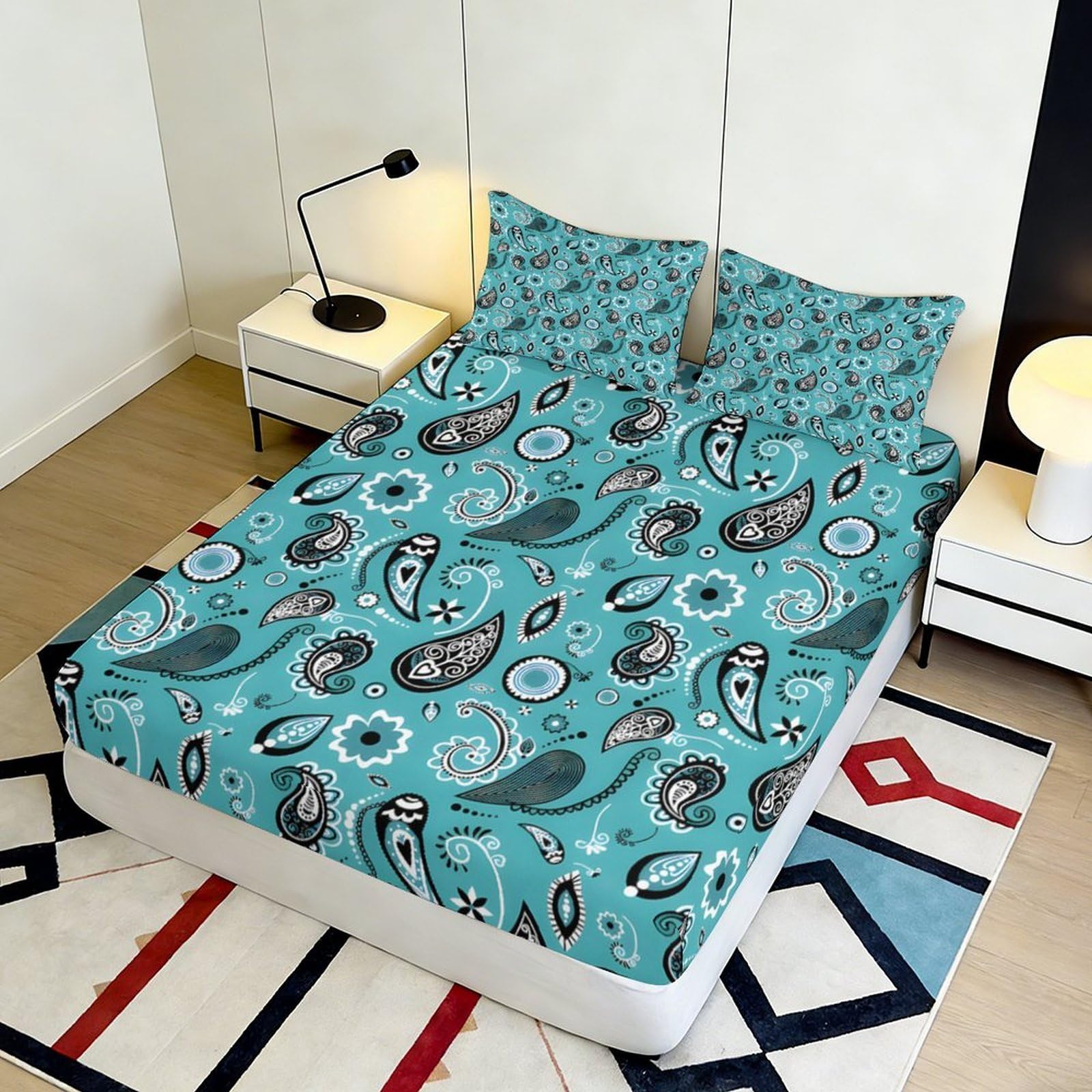 3D Gedrucktes Paisley Muster Spannbettlaken Mikrofaser Tiefe Tasche rutschfest Schlafzimmer Bettwaren Paisley Matratze Spannbezug Waschbar Rundum Matratzenschutz 200x200x25cm