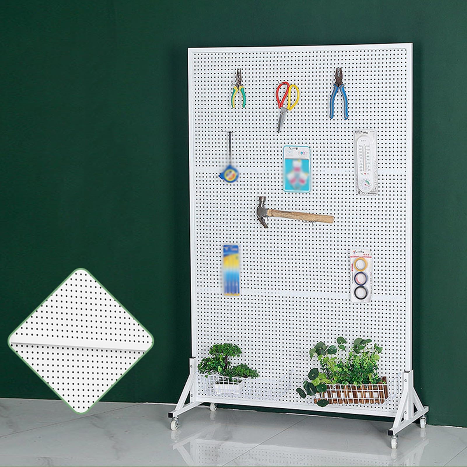 Expositor de metal con panel perforado y 20 ganchos, organizador independiente para tiendas minoristas y ferias de artesanía, sistema de almacenamiento de paneles perforados (blanco, 50 x 40 x 150 c