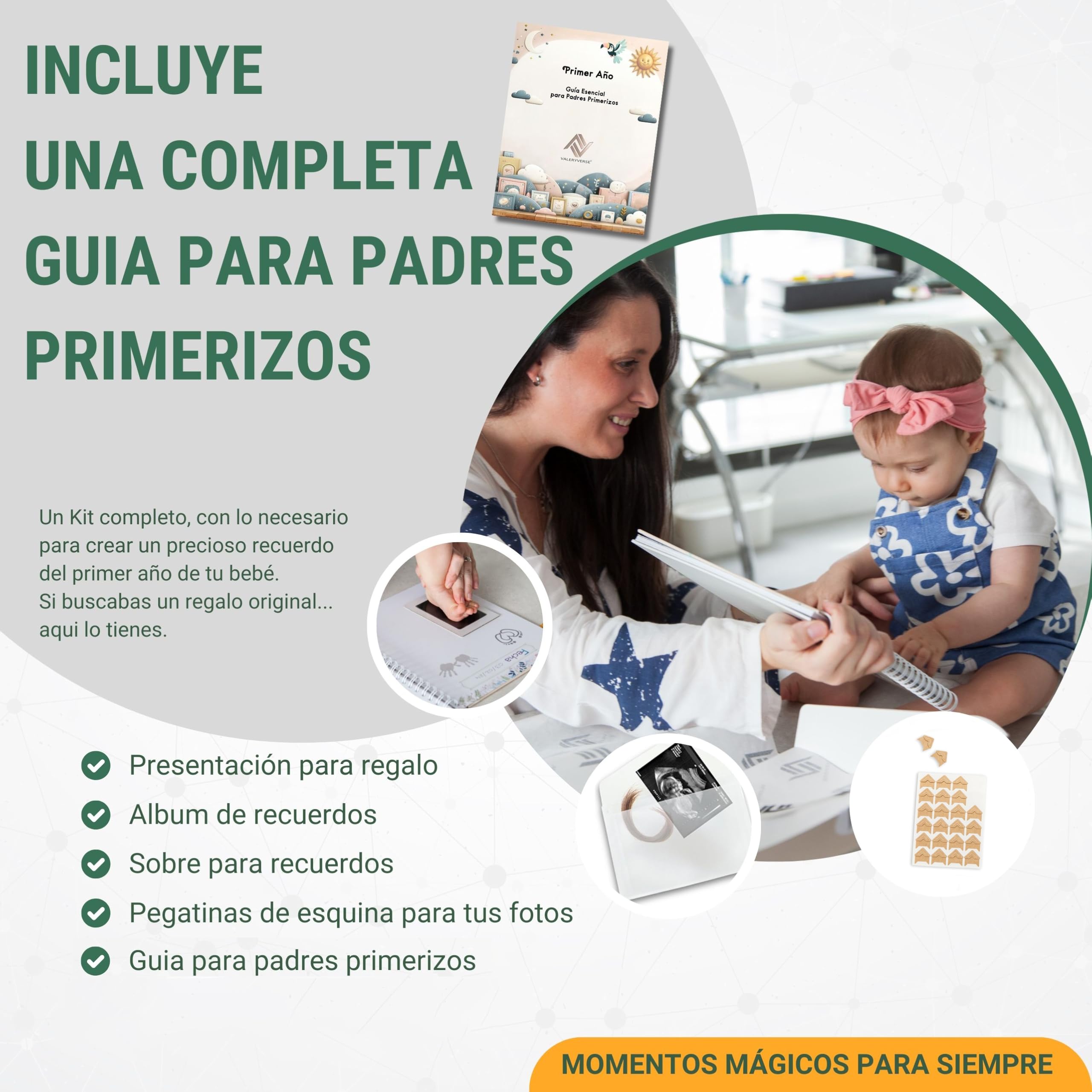 Libro de Recuerdos para Bebé - Álbum Primer Año del Bebe, Kit de Huellas, Esquinas adhesivas para Fotos y Sobre para Recuerdos -Unisex- Regalo Original - Incluye Guia para Padres Primerizos